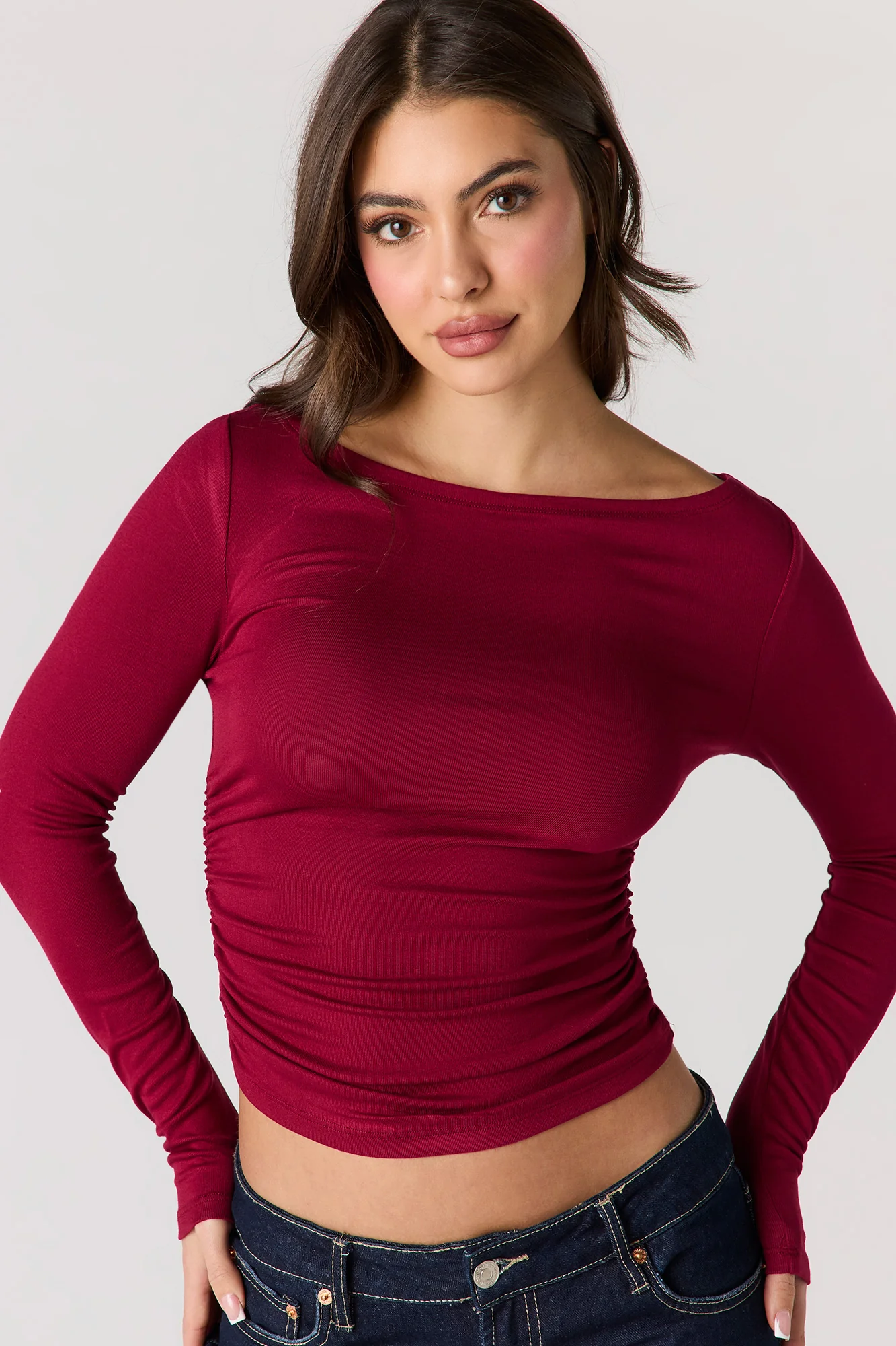 Ribbed Boat Neck Long Sleeve Top