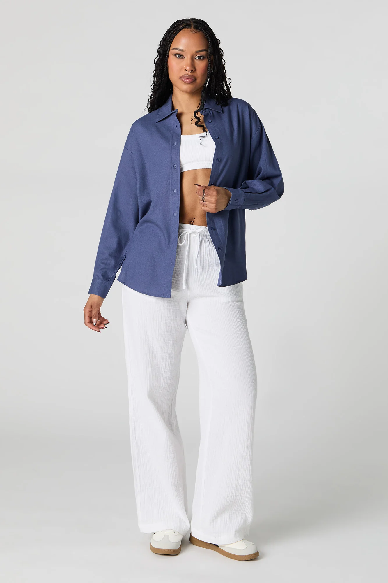 Linen-Blend Oversized Button-Up Top - Image 15
