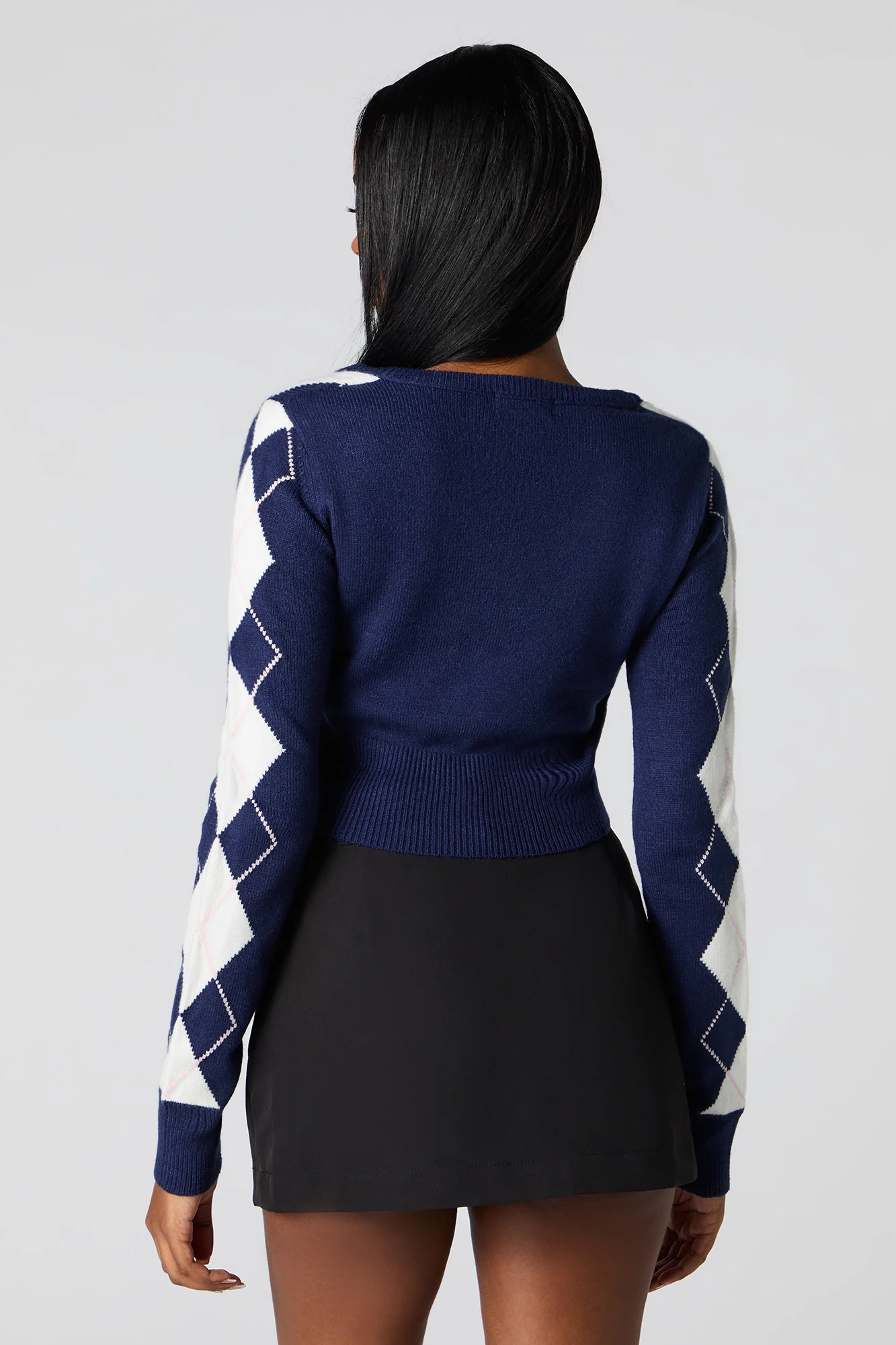 Cropped V-Neck Argyle Sweater - Image 2