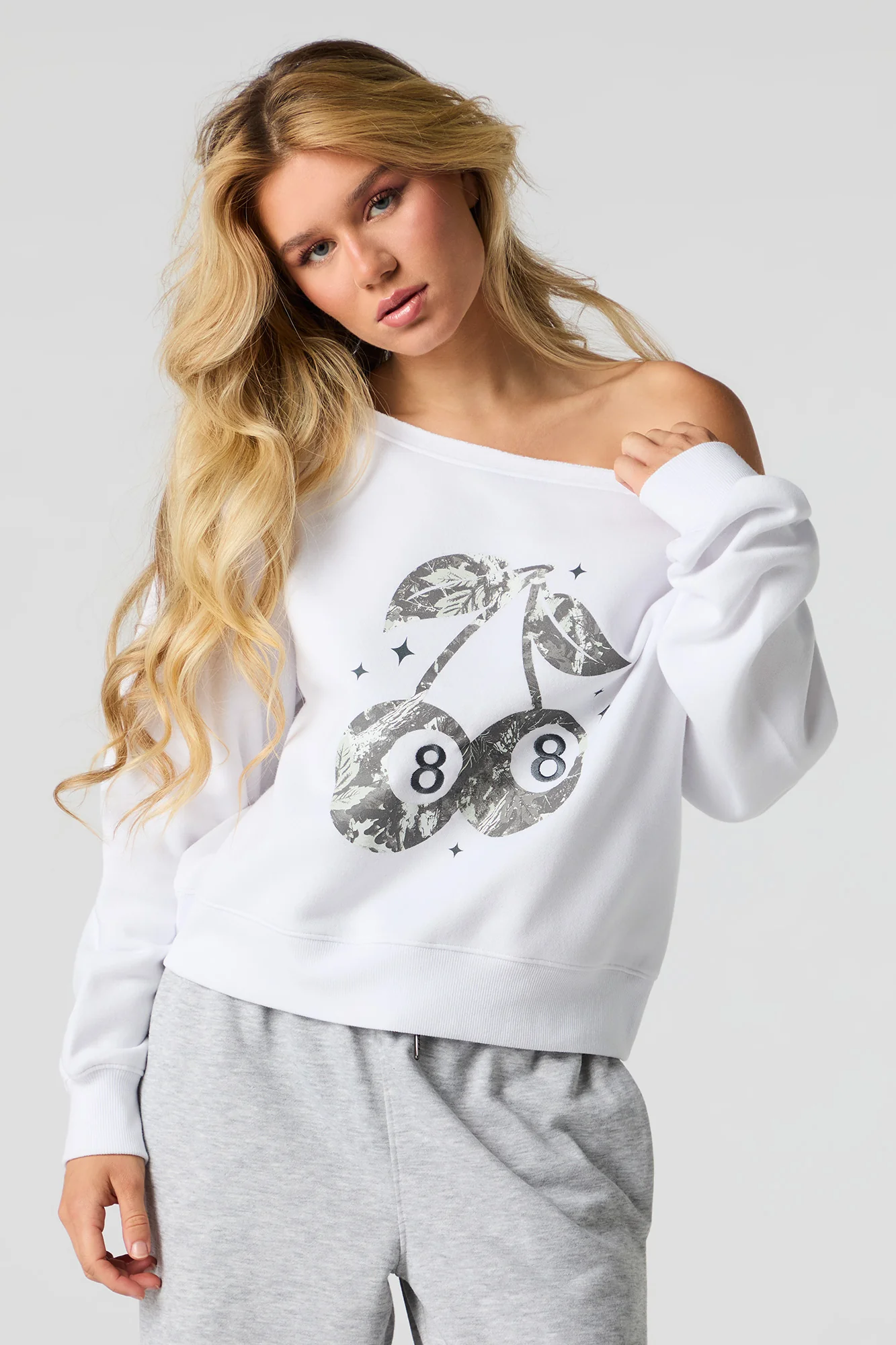 Embroidered Off Shoulder Fleece Sweatshirt - Image 10