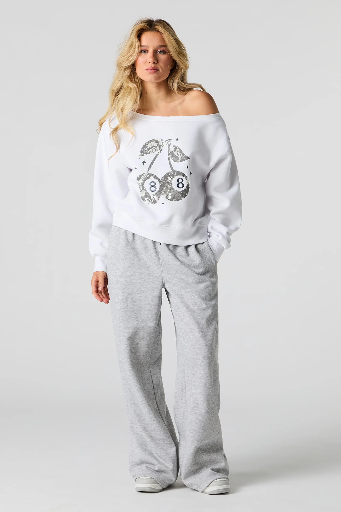 Embroidered Off Shoulder Fleece Sweatshirt - Image 12