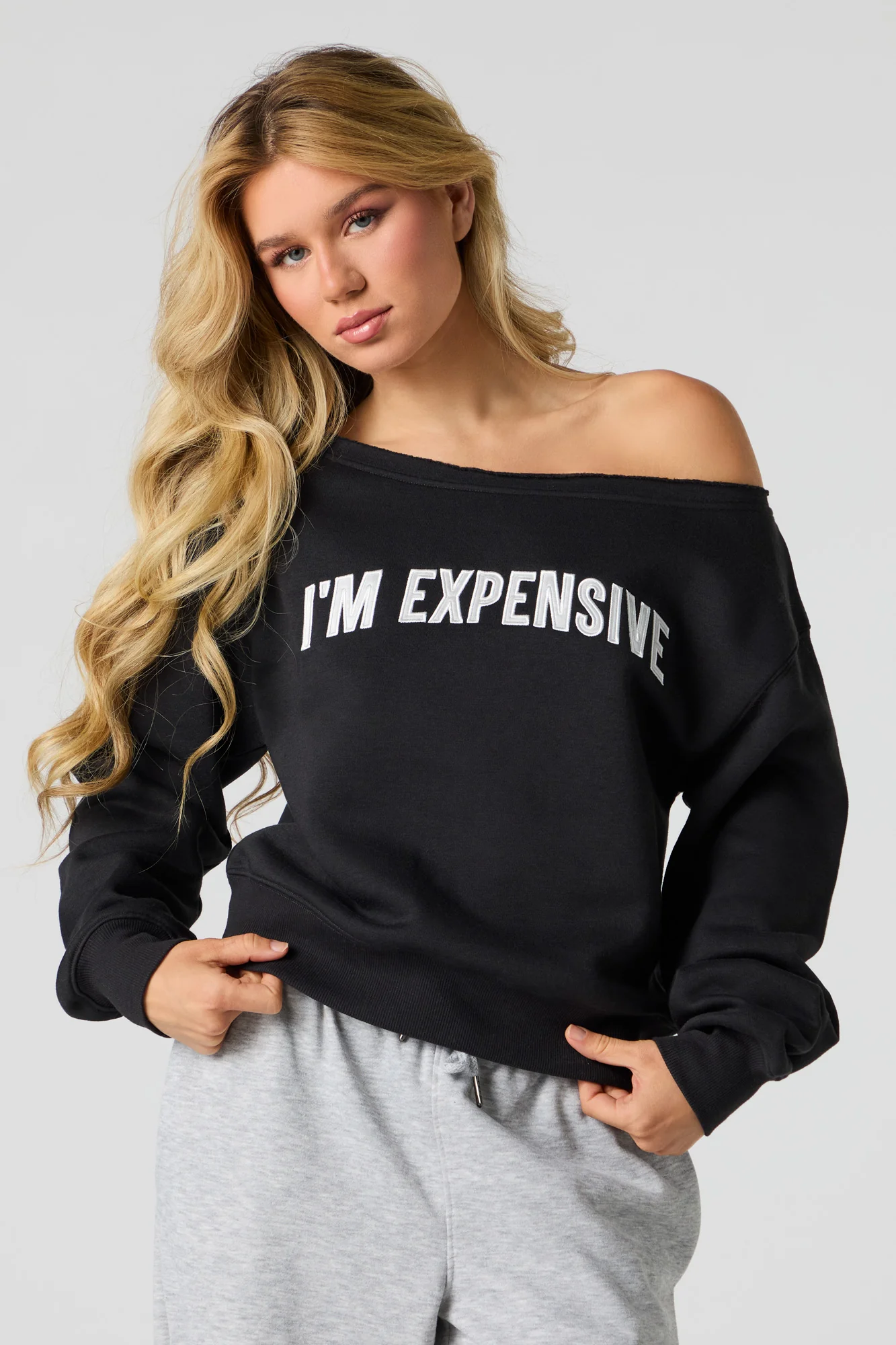 Embroidered Off Shoulder Fleece Sweatshirt - Image 4