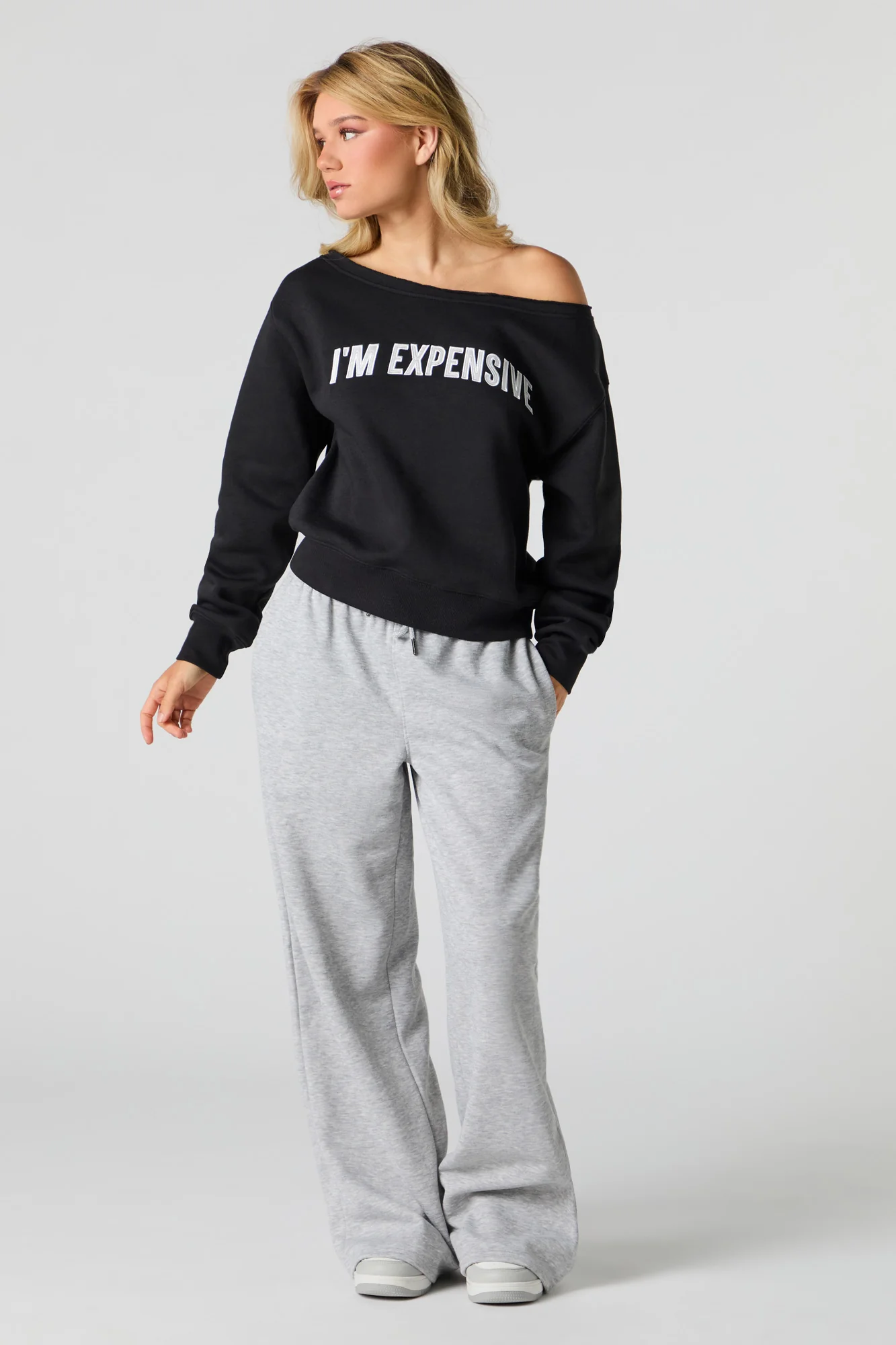 Embroidered Off Shoulder Fleece Sweatshirt - Image 6