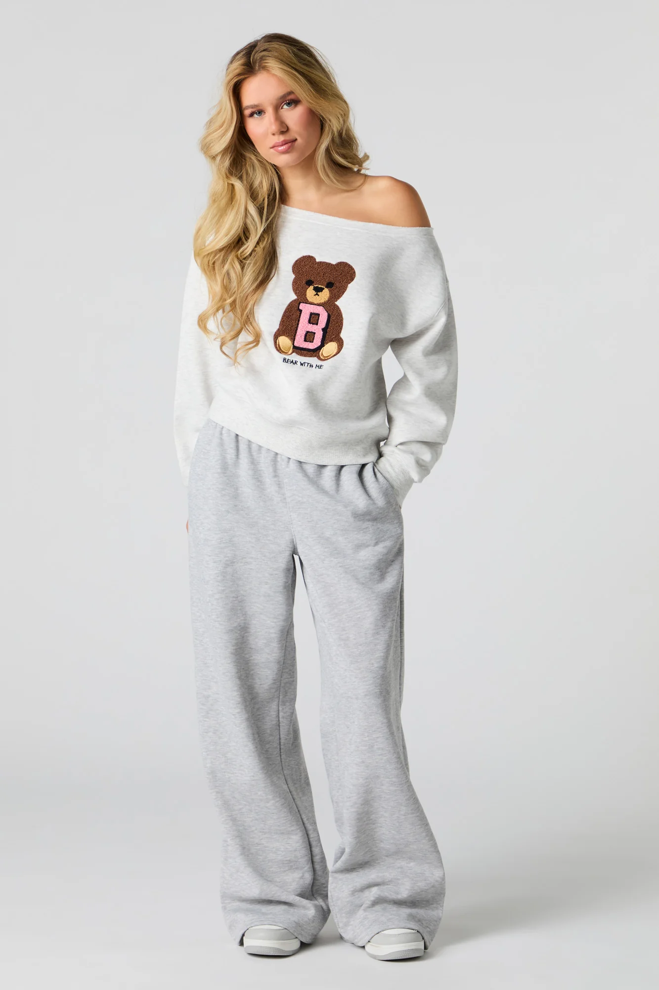 Embroidered Off Shoulder Fleece Sweatshirt - Image 9