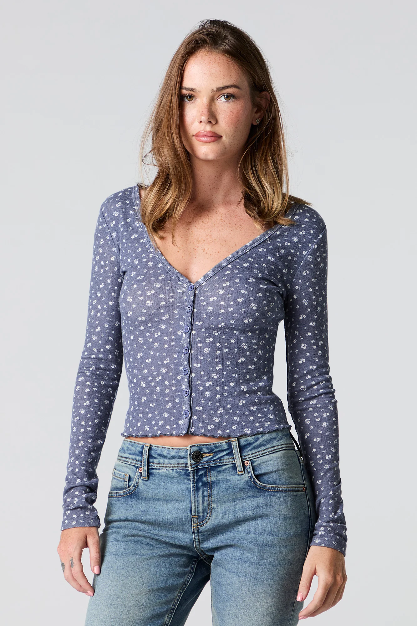 Pointelle V-Neck Button-Up Top - Image 10