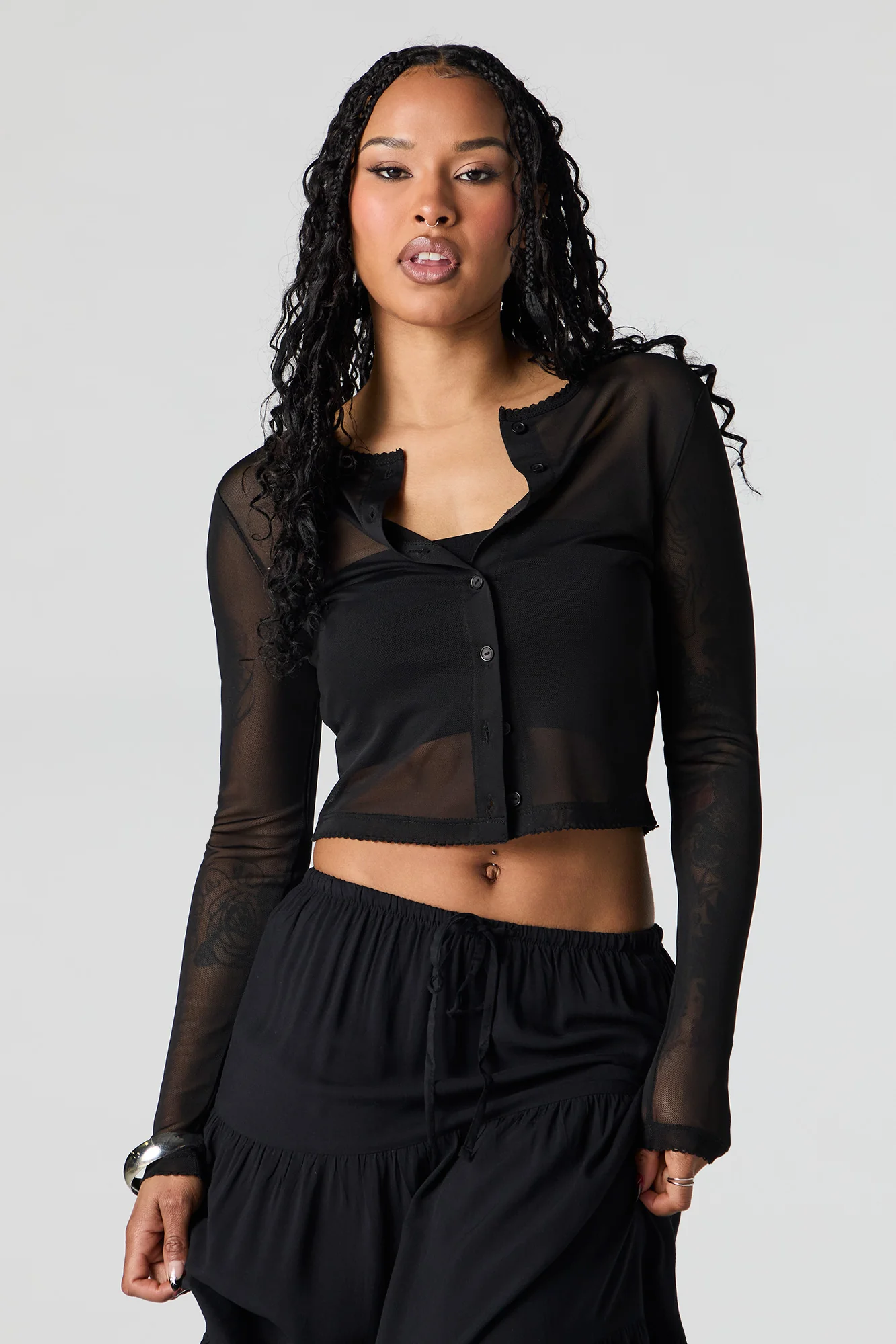 Mesh Cropped Button-Up Top - Image 4