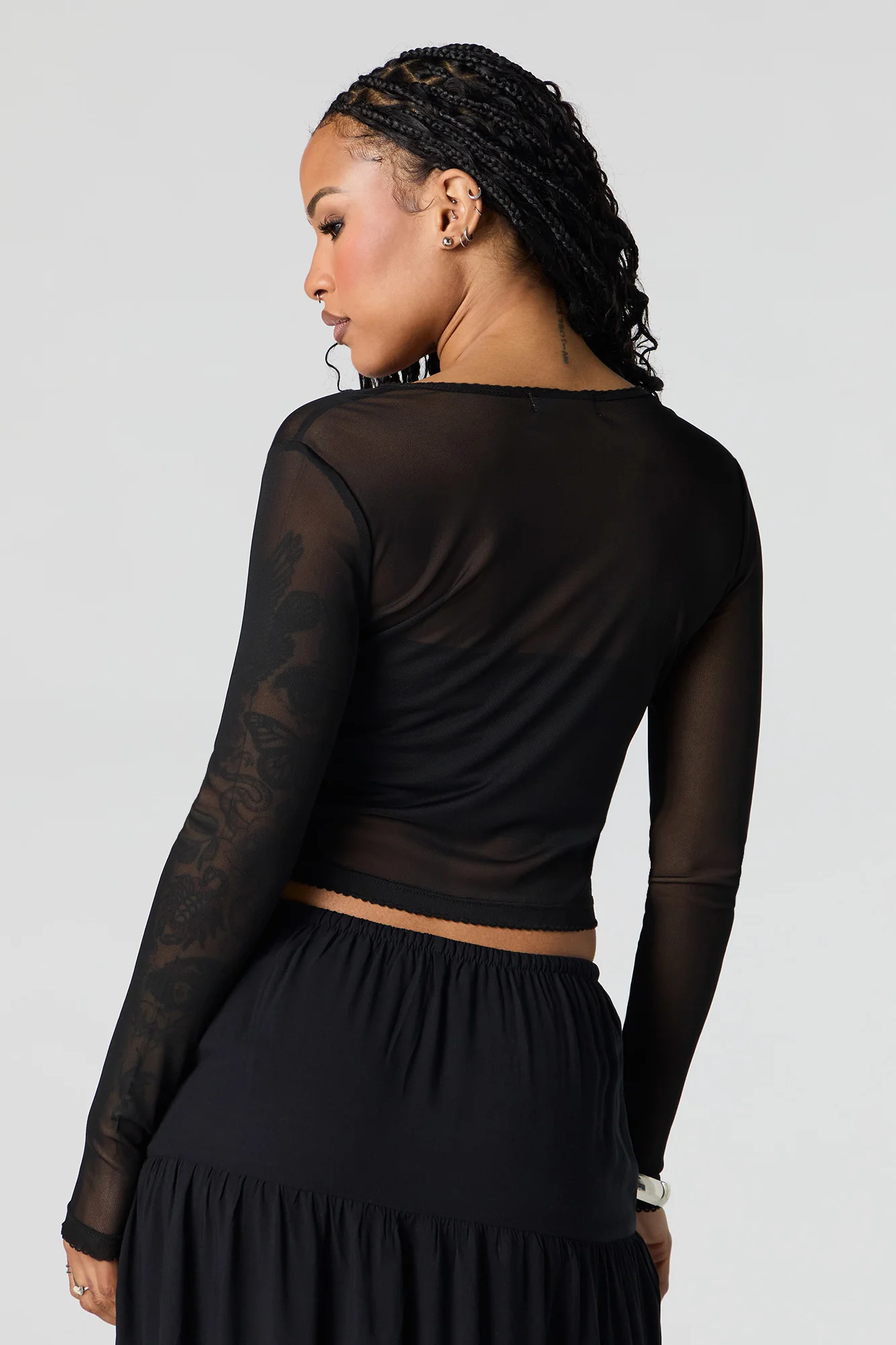 Mesh Cropped Button-Up Top - Image 5