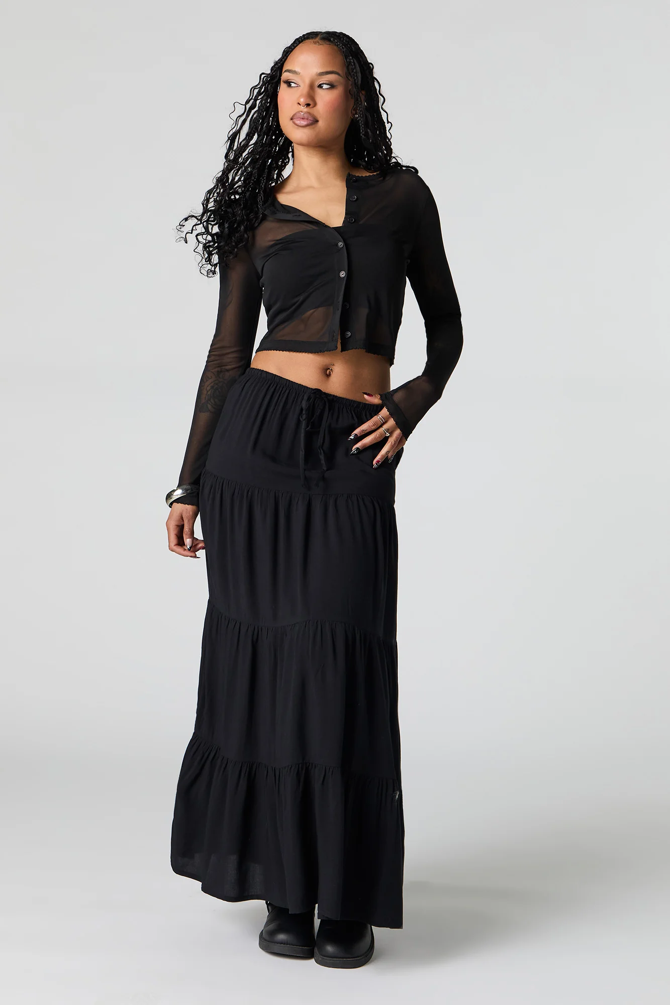 Mesh Cropped Button-Up Top - Image 6