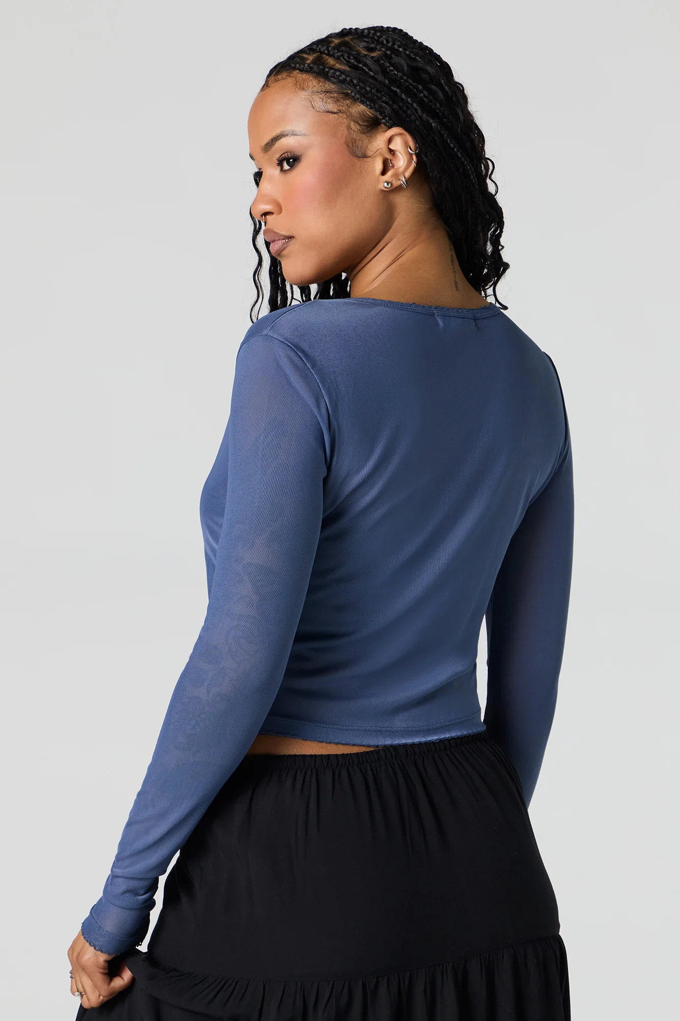 Mesh Cropped Button-Up Top - Image 8