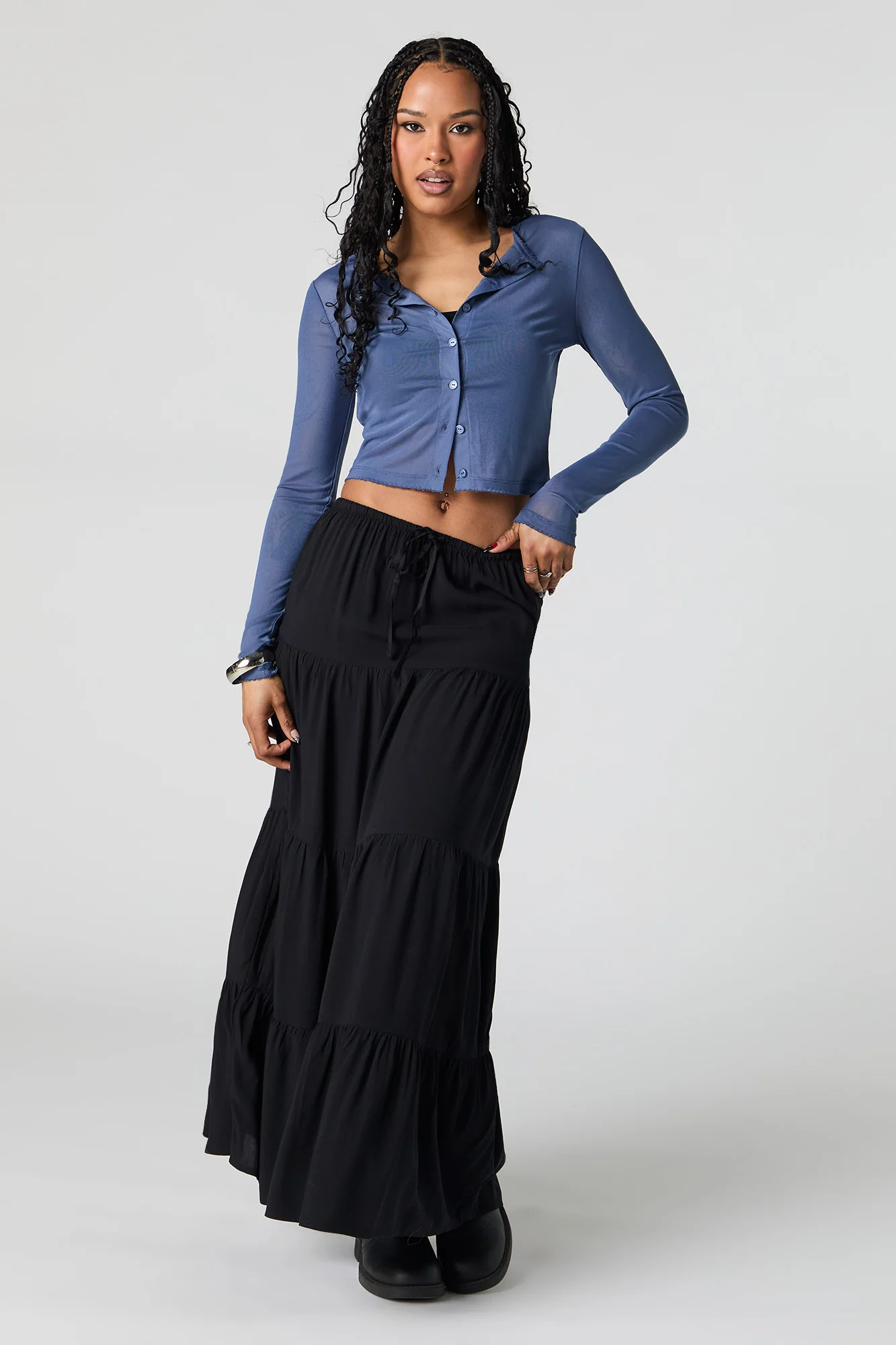 Mesh Cropped Button-Up Top - Image 9