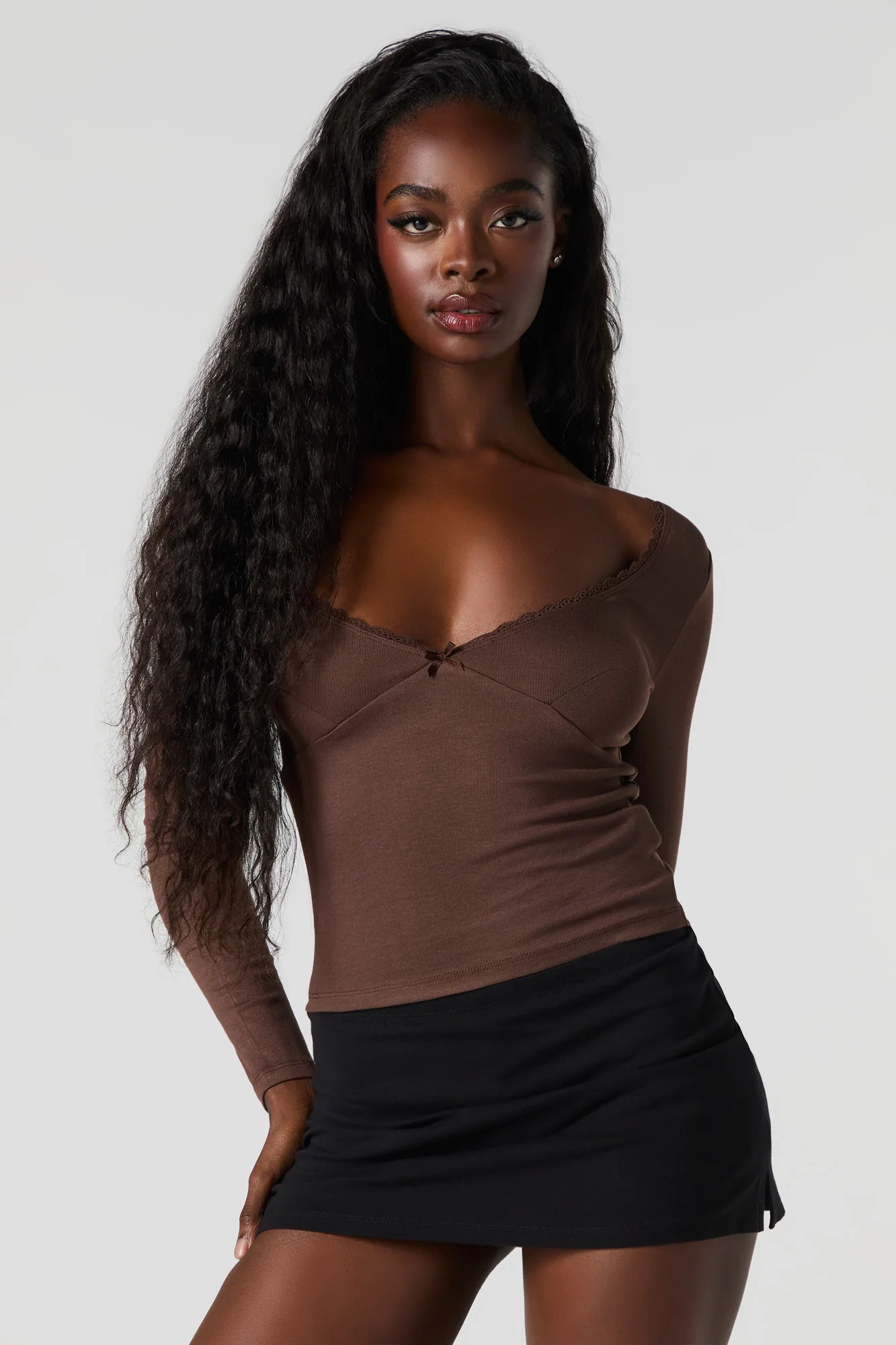 Lace Trim V-Neck Long Sleeve Top - Image 11