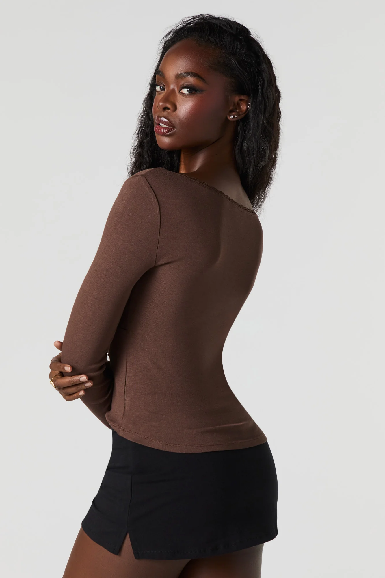 Lace Trim V-Neck Long Sleeve Top - Image 12