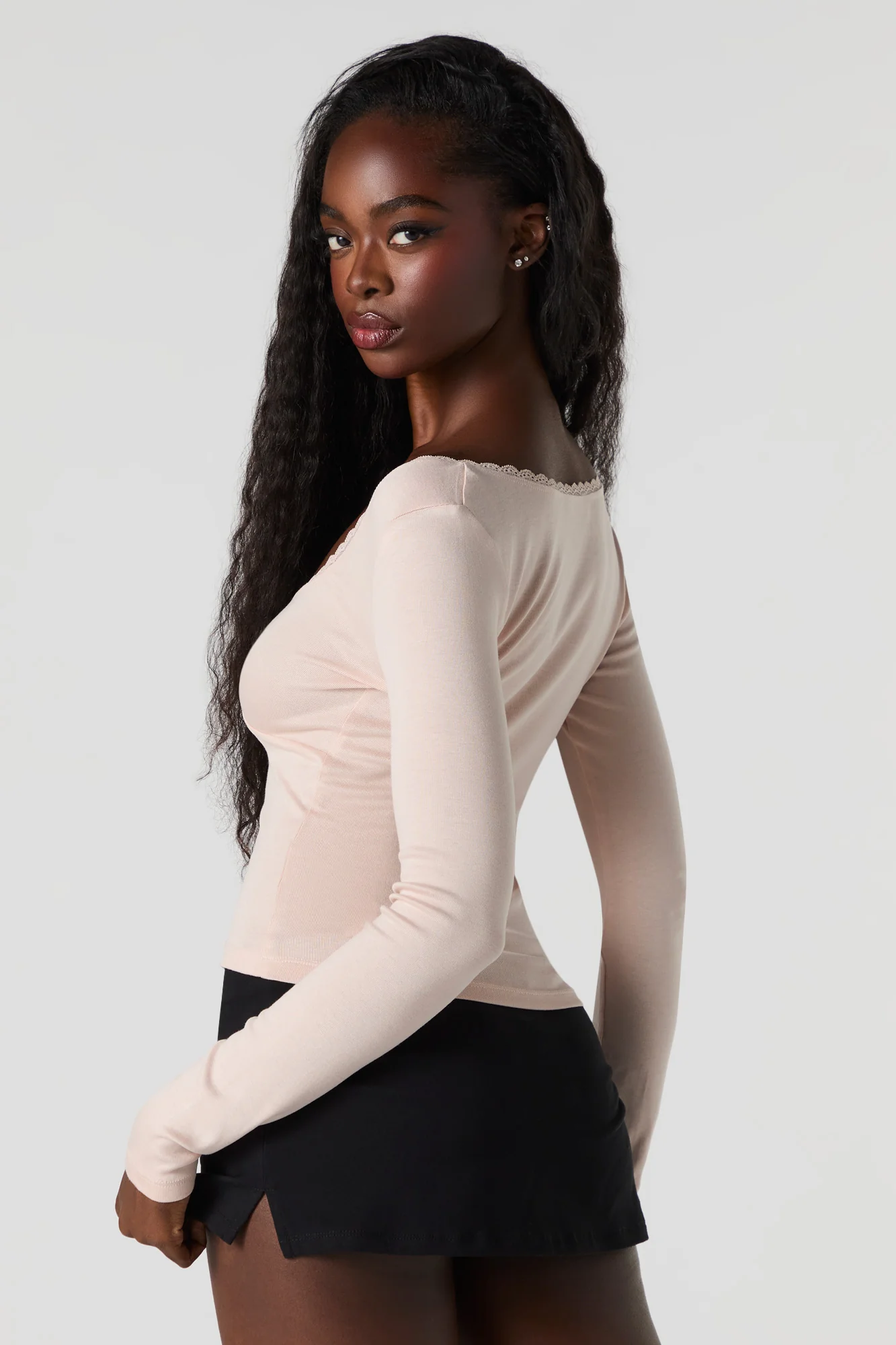 Lace Trim V-Neck Long Sleeve Top - Image 2