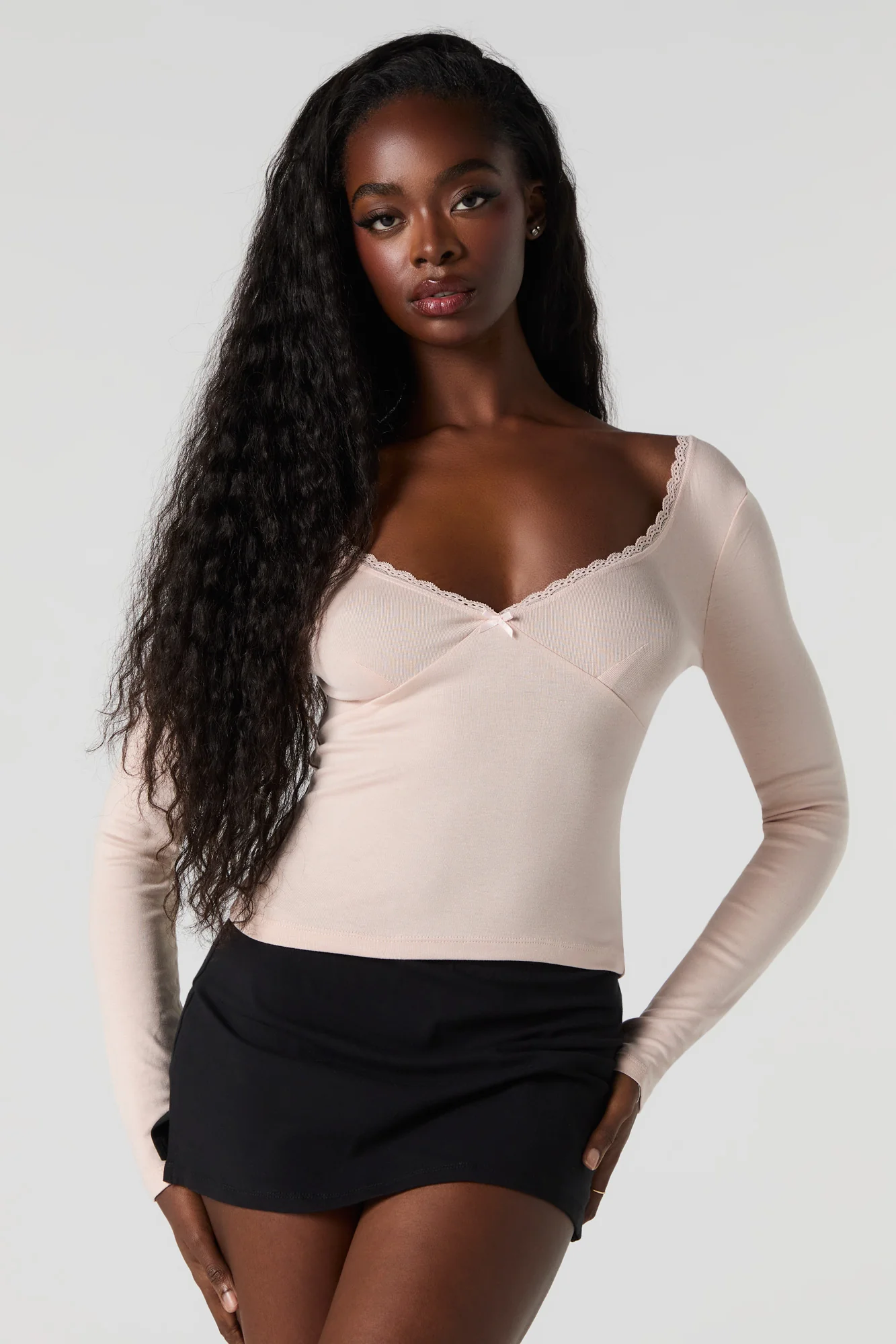 Lace Trim V-Neck Long Sleeve Top - Image 4