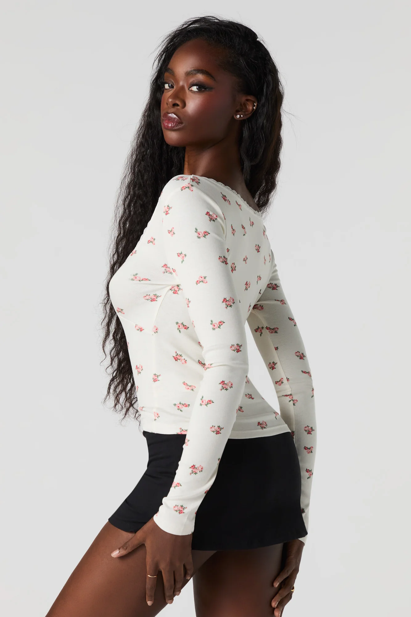Lace Trim V-Neck Long Sleeve Top - Image 9