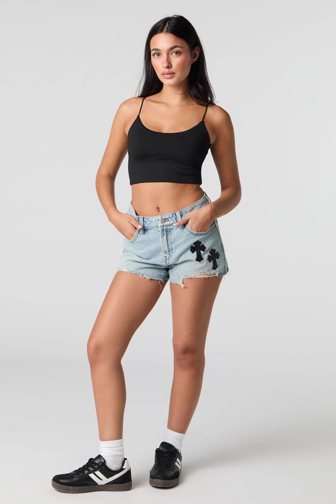 Cross Applique Distressed Denim Short - Image 7