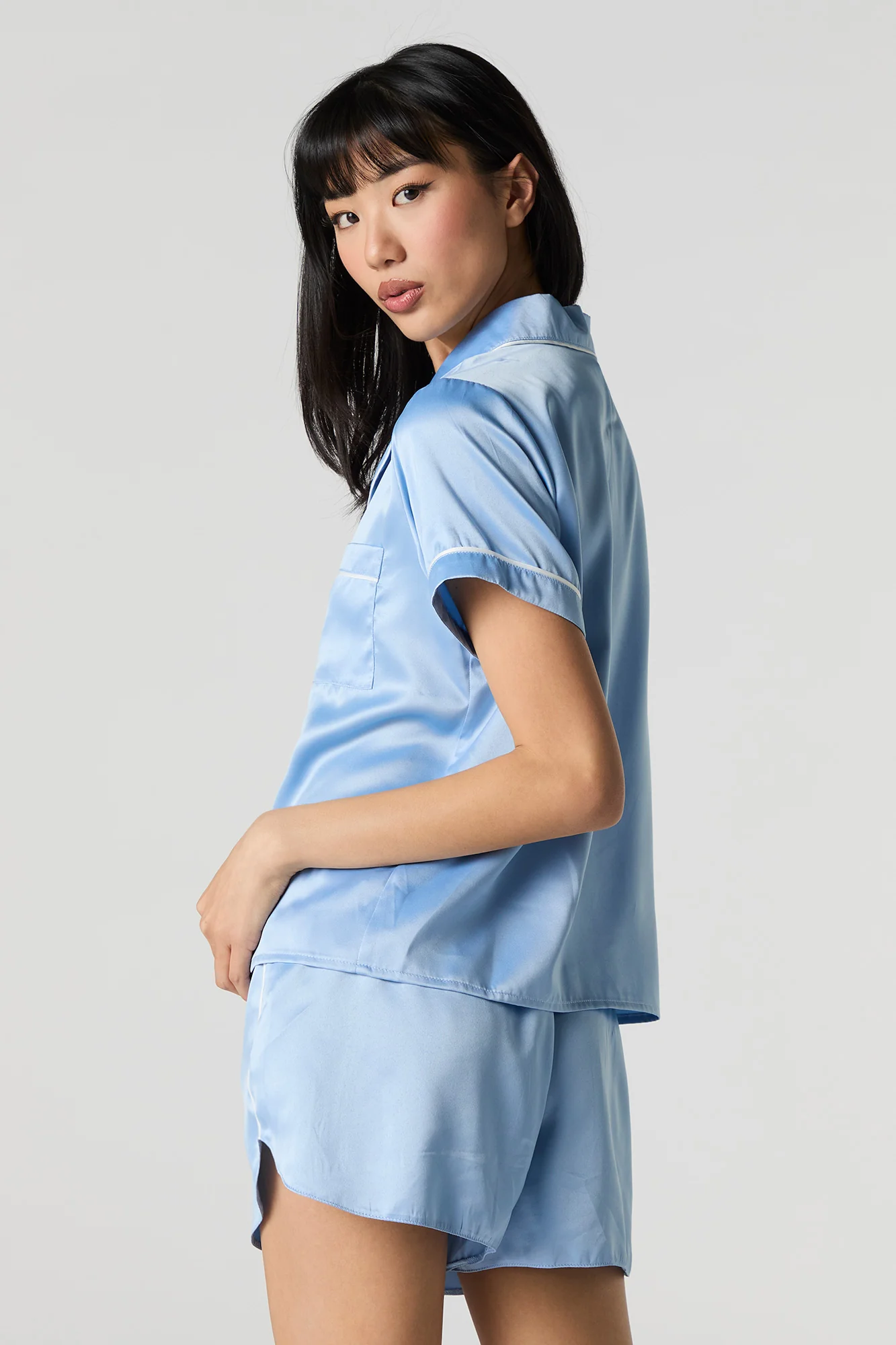 Satin Button-Up Shirt & Short 2 Piece Pajama Set - Image 11