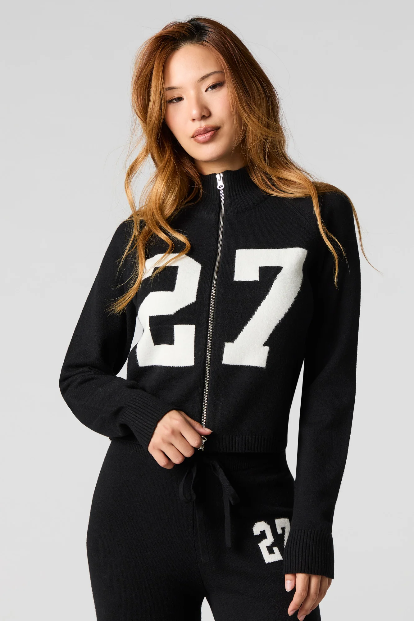 Number Jacquard Knit Zip-Up Sweater - Image 4