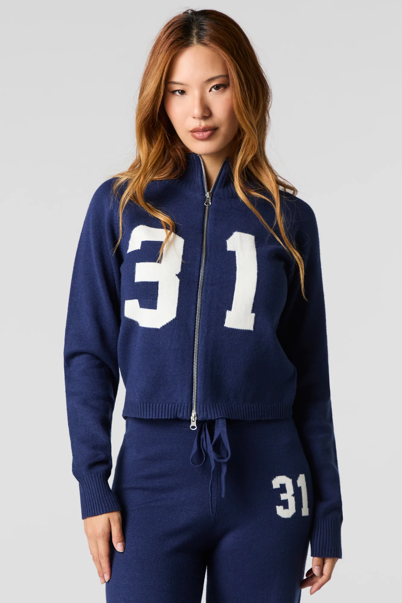 Number Jacquard Knit Zip-Up Sweater - Image 7