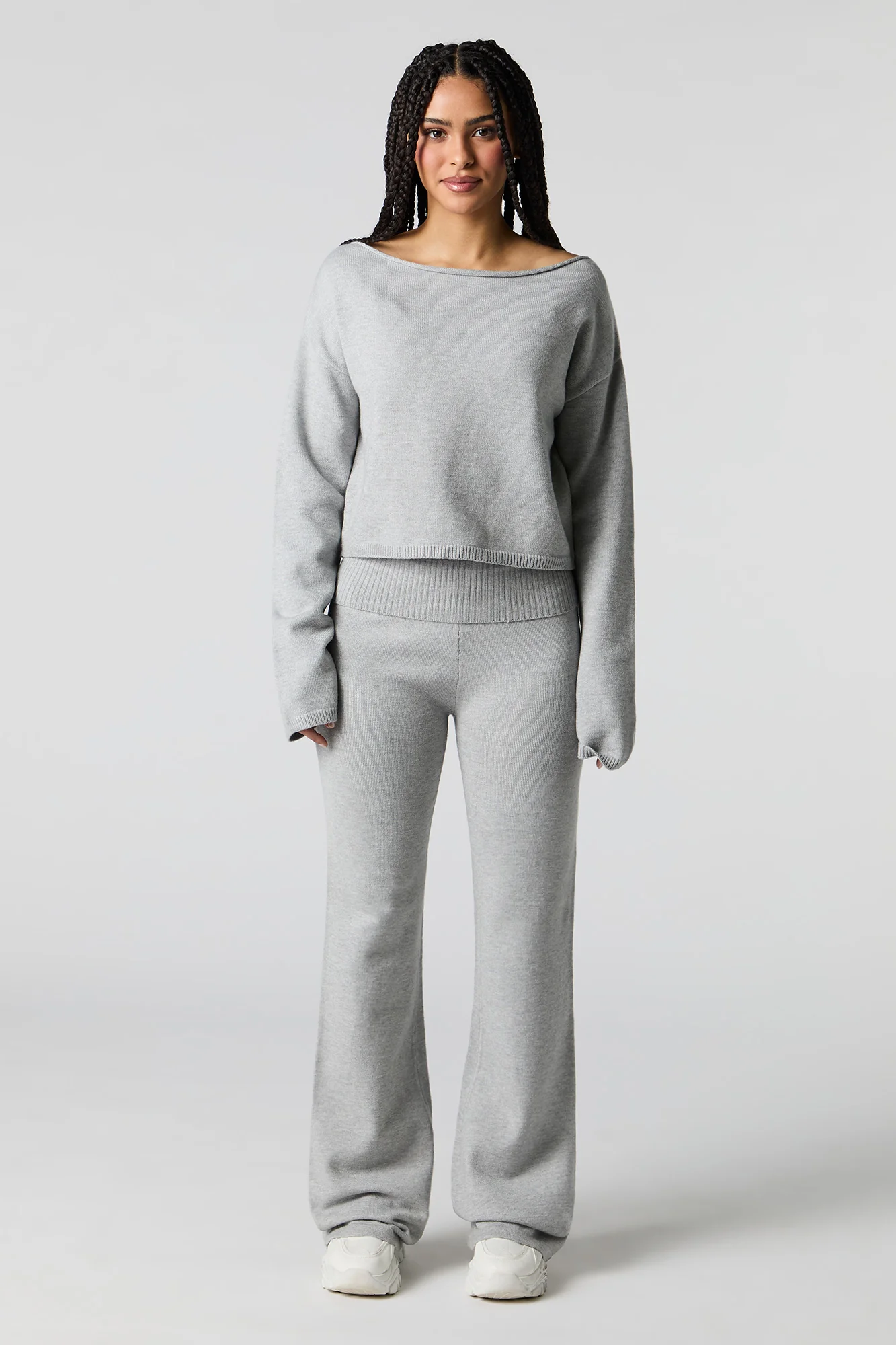Pantalon à jambe évasée en tricot avec taille pliée - Image 4