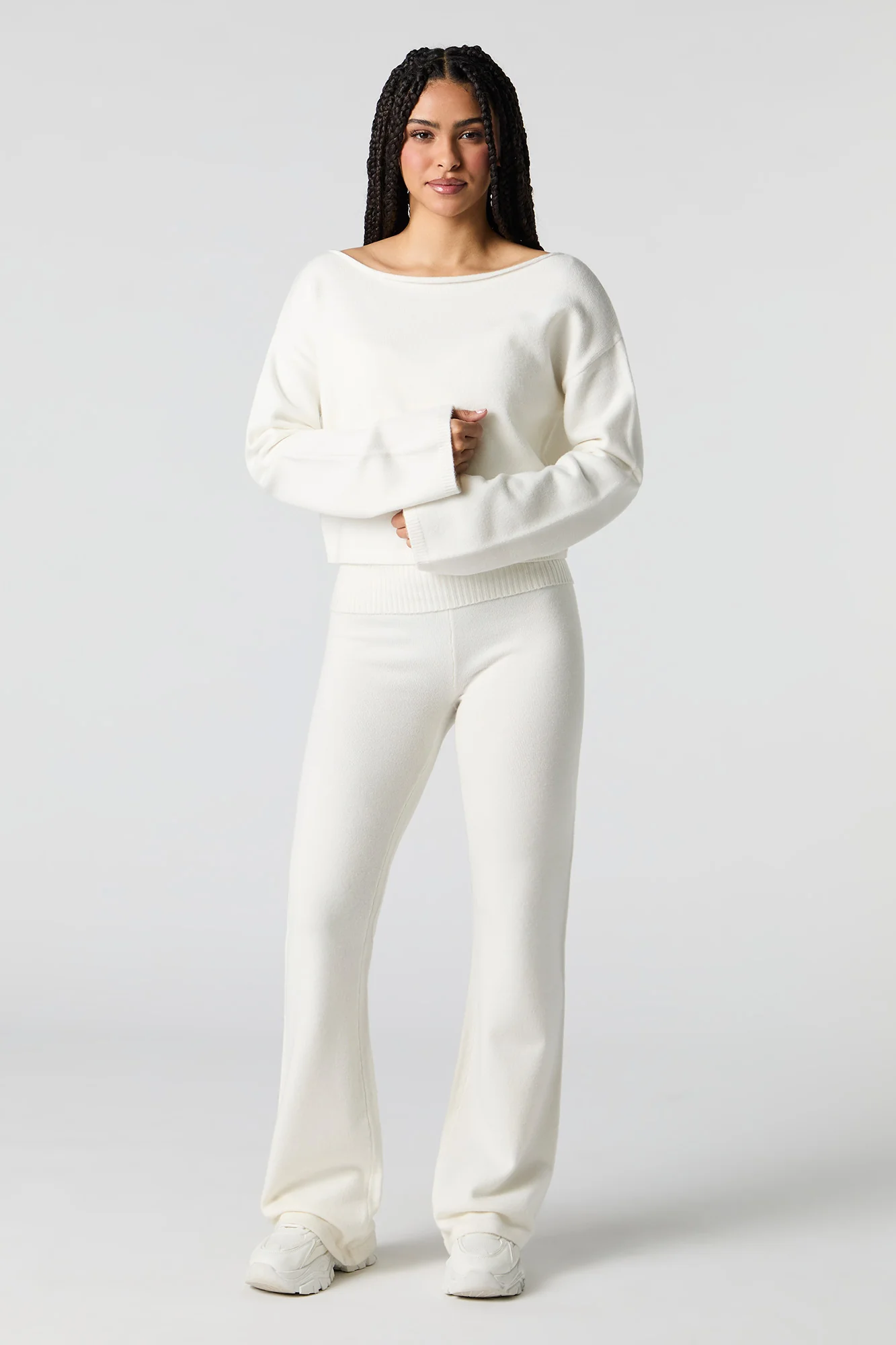 Pantalon à jambe évasée en tricot avec taille pliée - Image 7