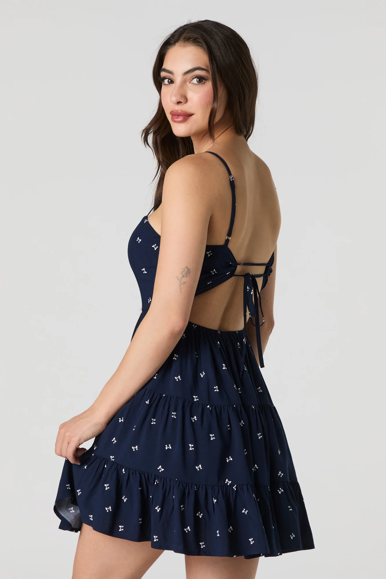 Printed Tiered Tie Back Mini Dress with Built-In Cups - Image 2