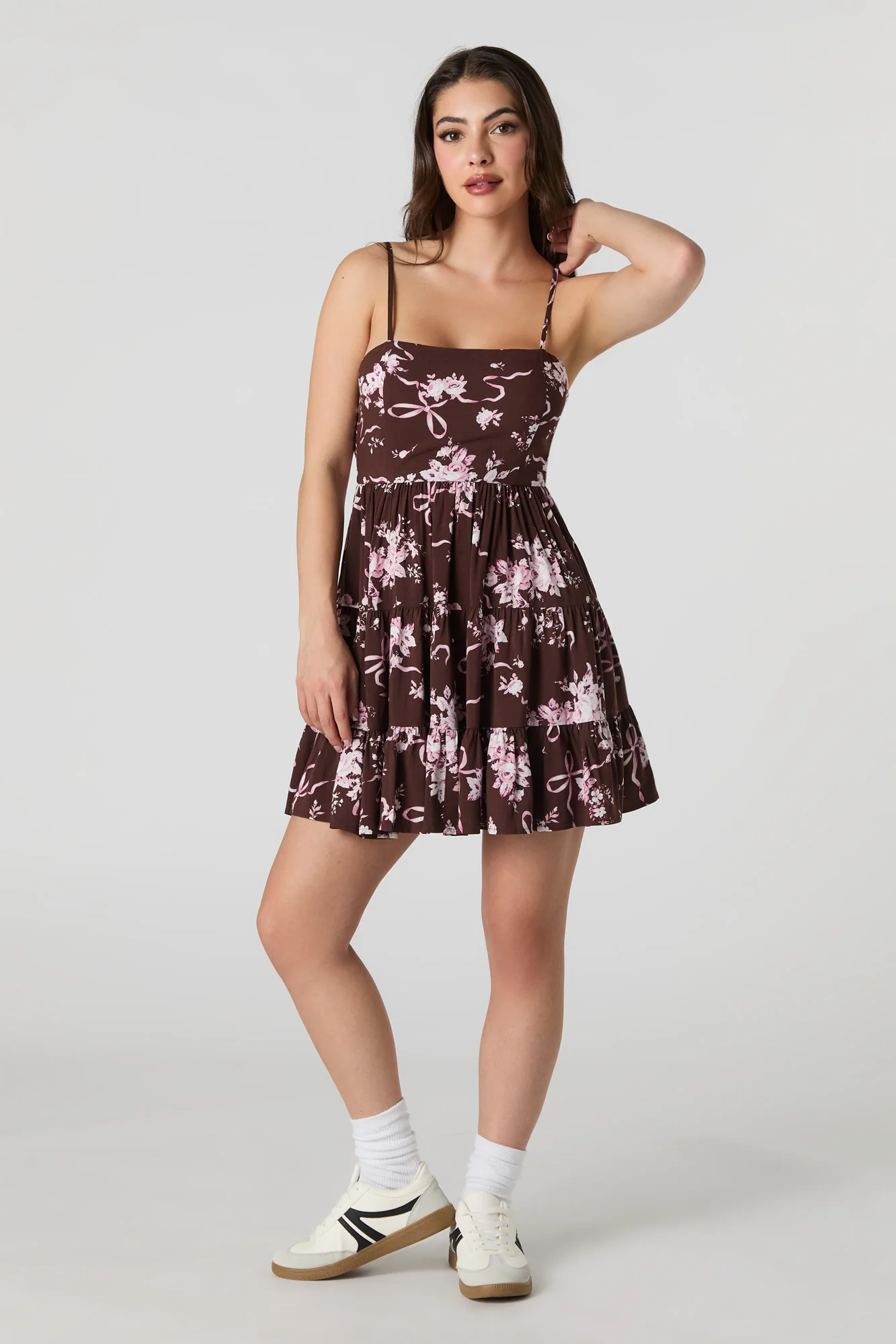 Printed Tiered Tie Back Mini Dress with Built-In Cups - Image 9
