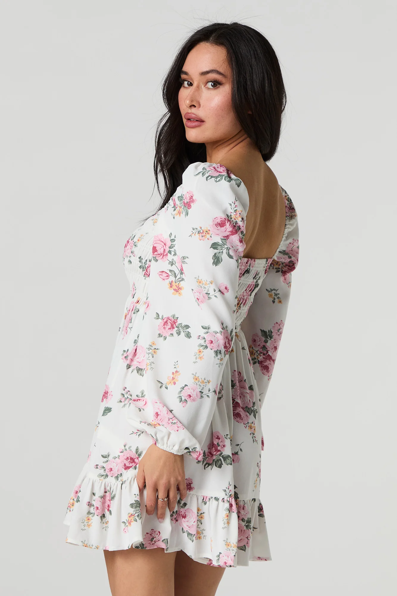 Floral Printed Smocked Ruched Mini Dress - Image 2