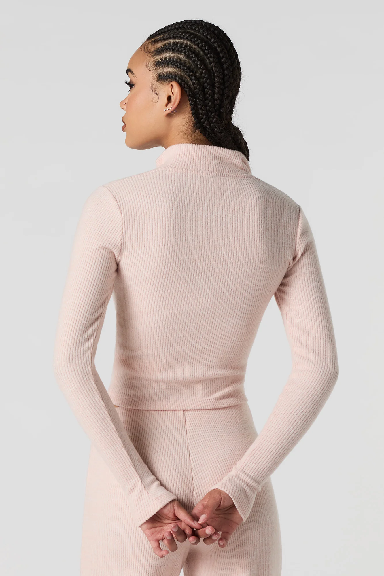 Ribbed Knit Zip-Up Long Sleeve Top - Image 2