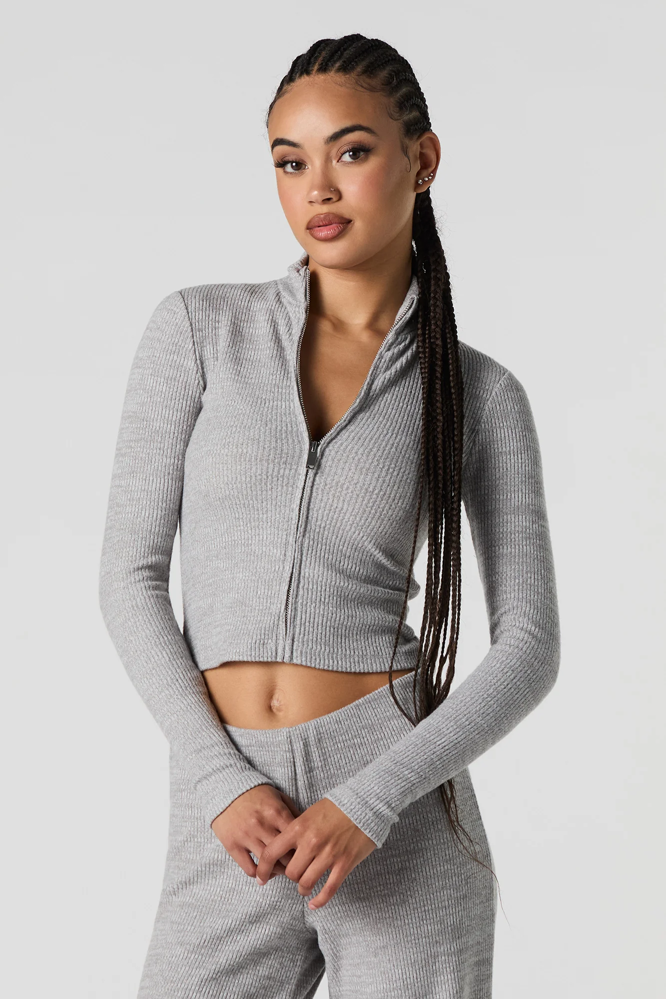 Ribbed Knit Zip-Up Long Sleeve Top - Image 7