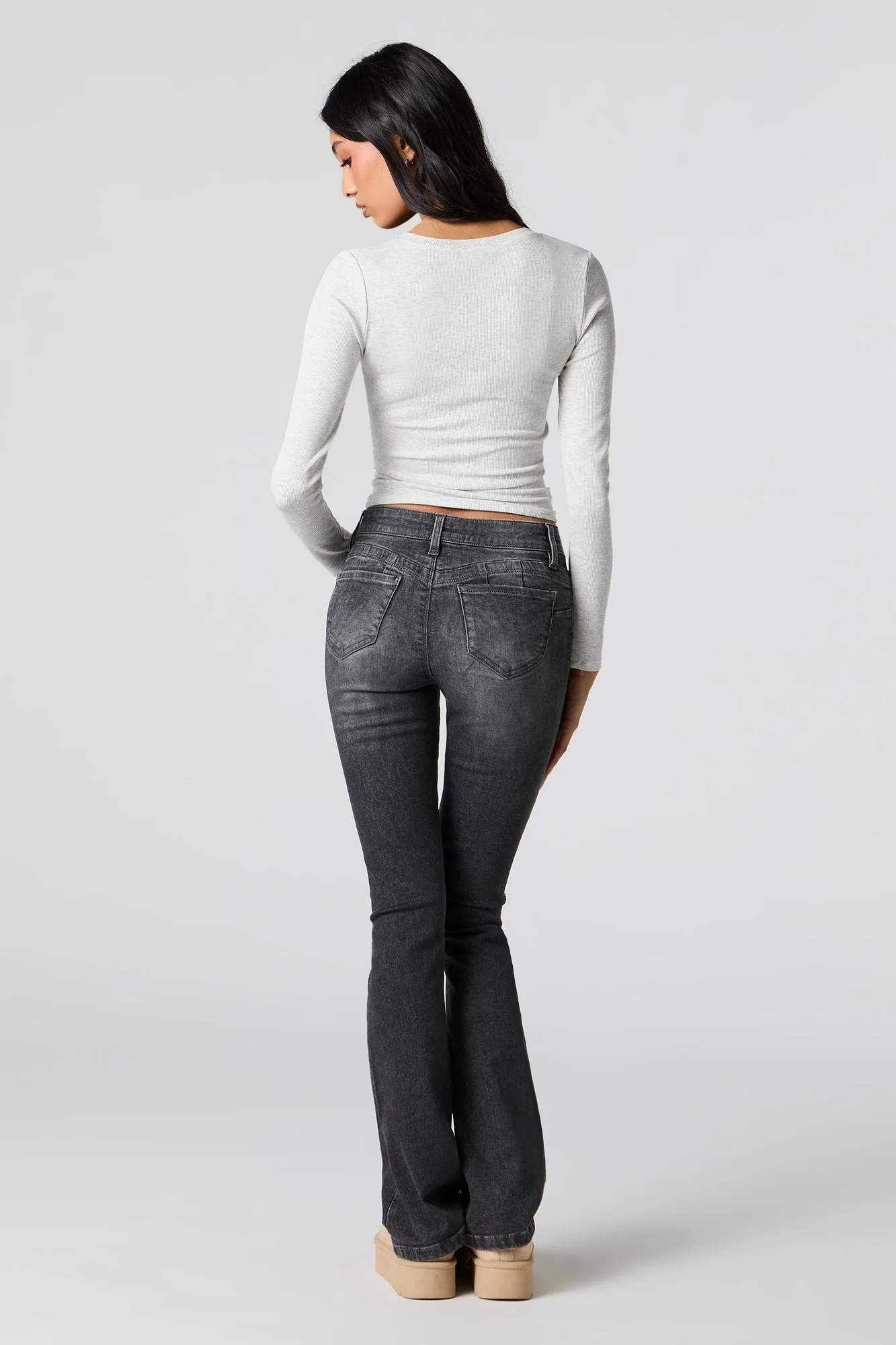 Jean évasé extensible remonte-fesses taille basse lavé gris - Image 3