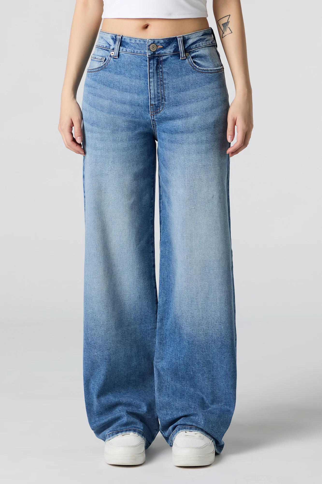 Jean extensible délavé moyen à jambe large et taille haute - Image 2