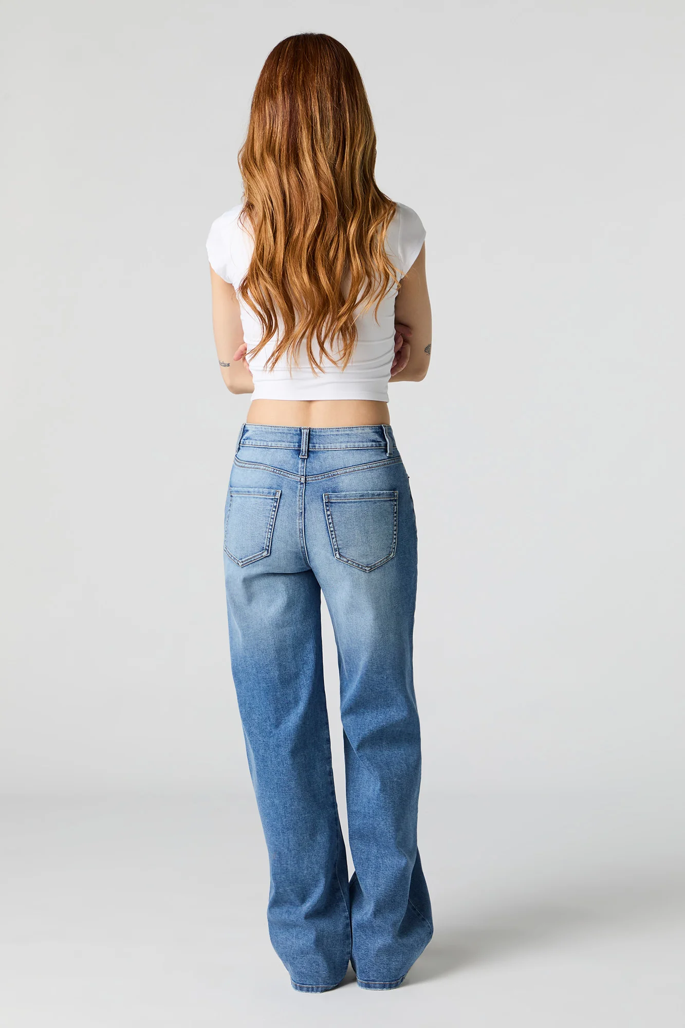 Jean extensible délavé moyen à jambe large et taille haute - Image 3