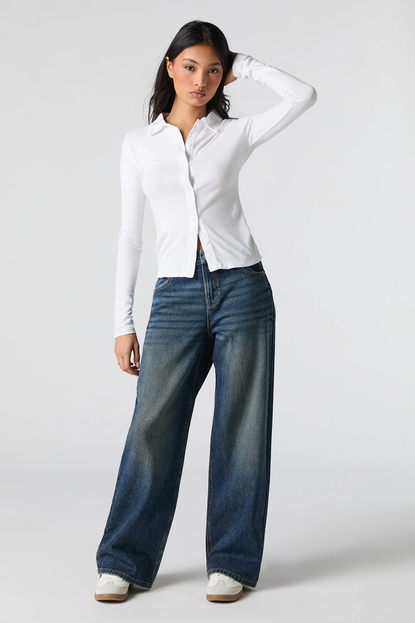 Jean extensible à jambe large délavé foncé vintage à taille basse
