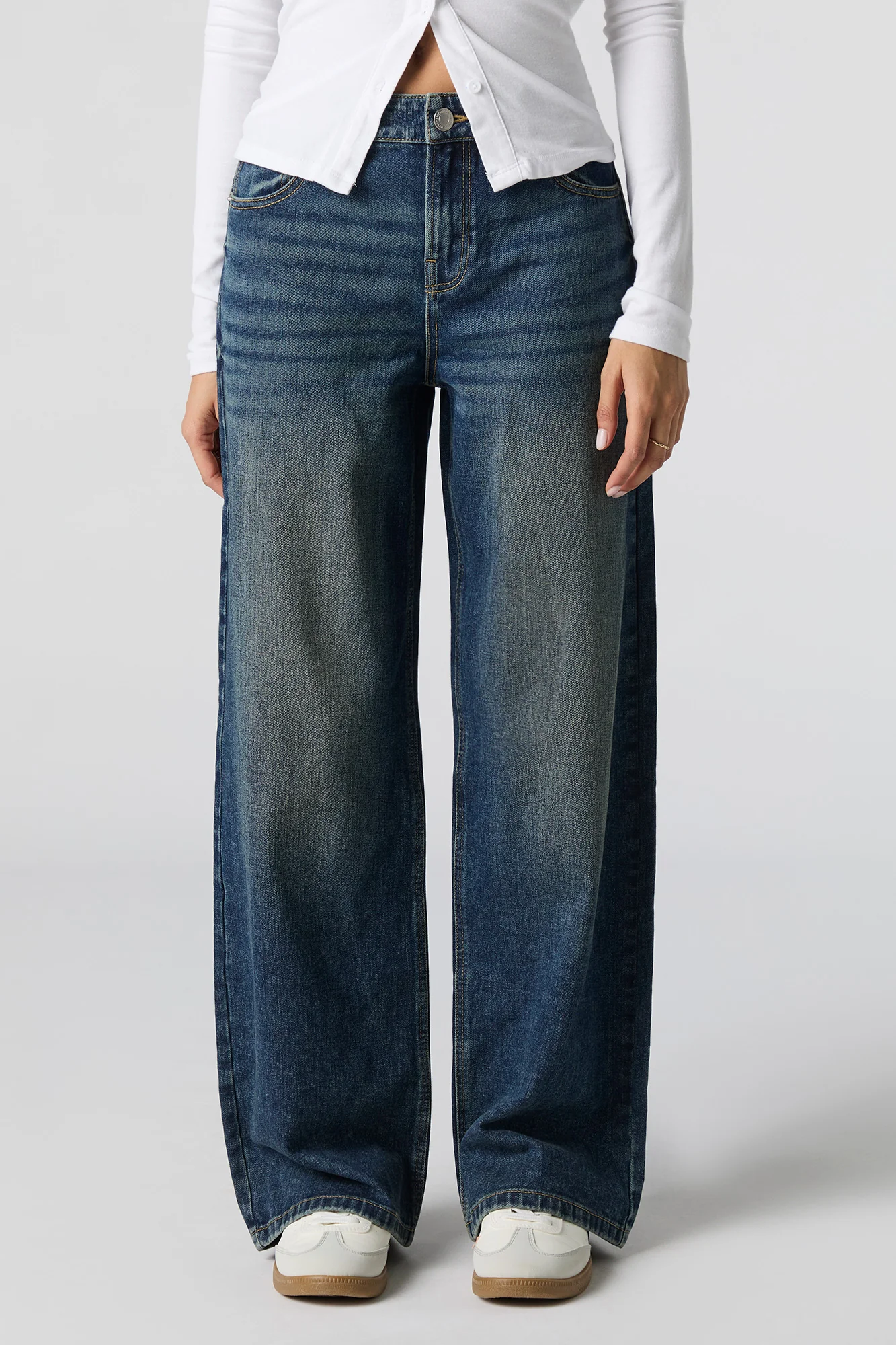 Jean extensible à jambe large délavé foncé vintage à taille basse - Image 2