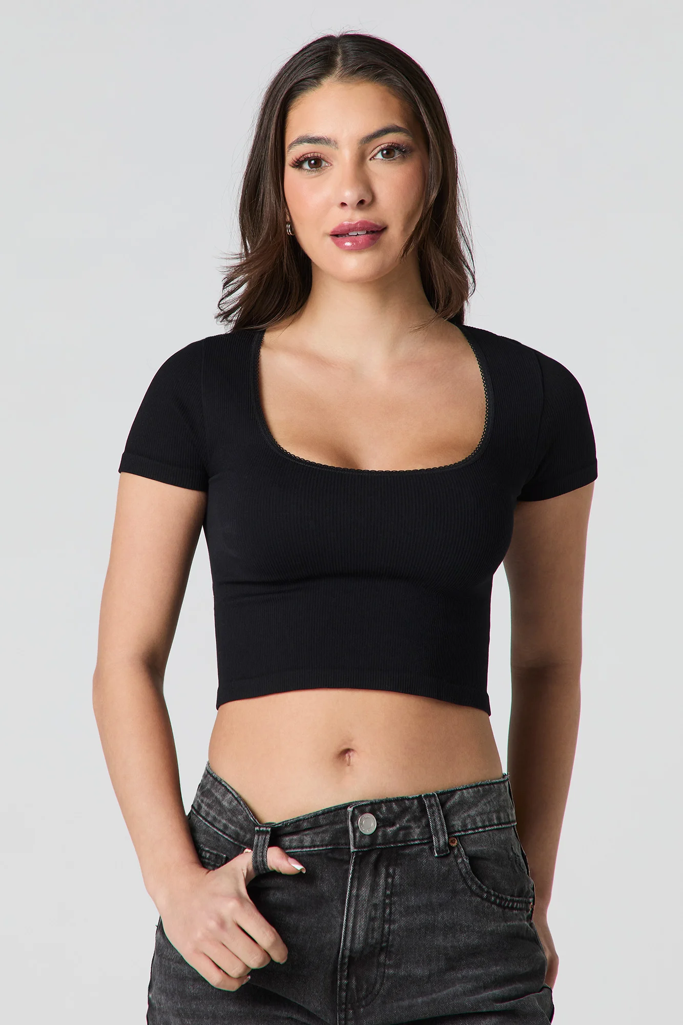 Seamless Ribbed Cropped Short Sleeve Top - Image 4
