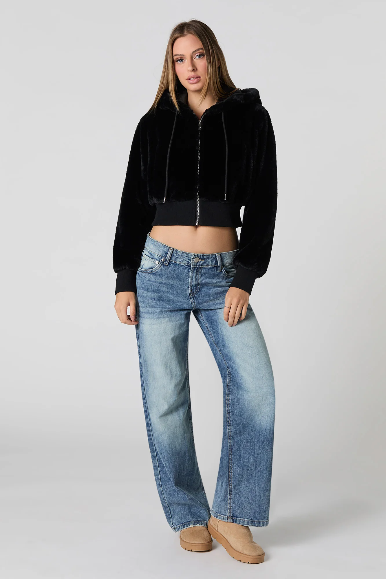 Blouson écourté à capuchon en similifourrure avec glissière - Image 4
