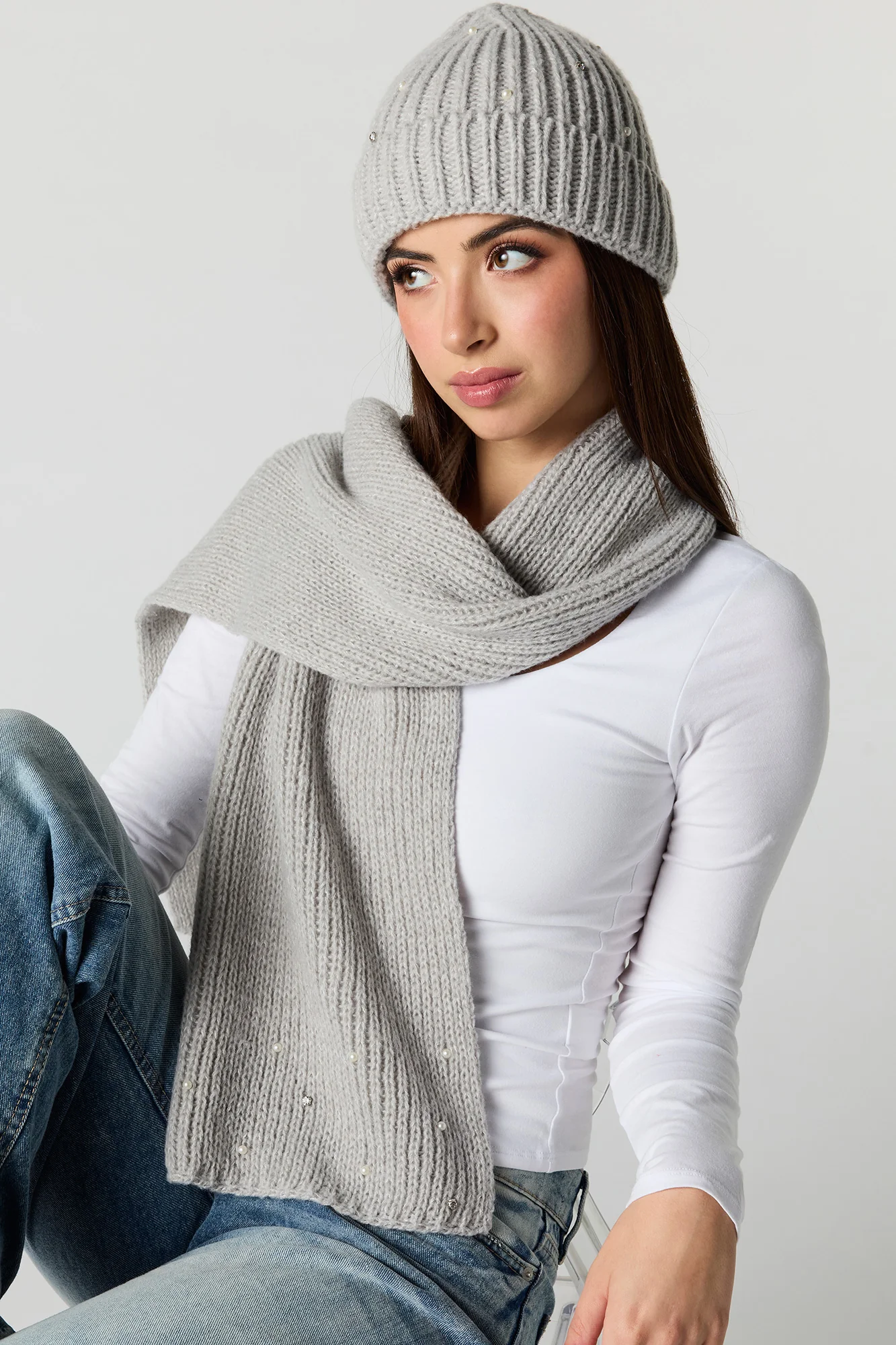 Rhinestone Pearl Beanie & Scarf Set - Image 5