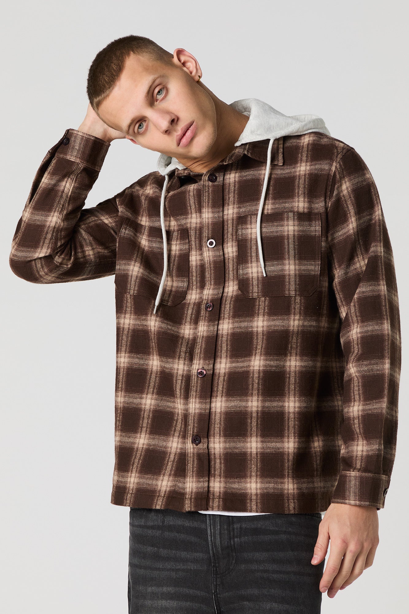 Plaid Flannel Button-Up Top with Hood