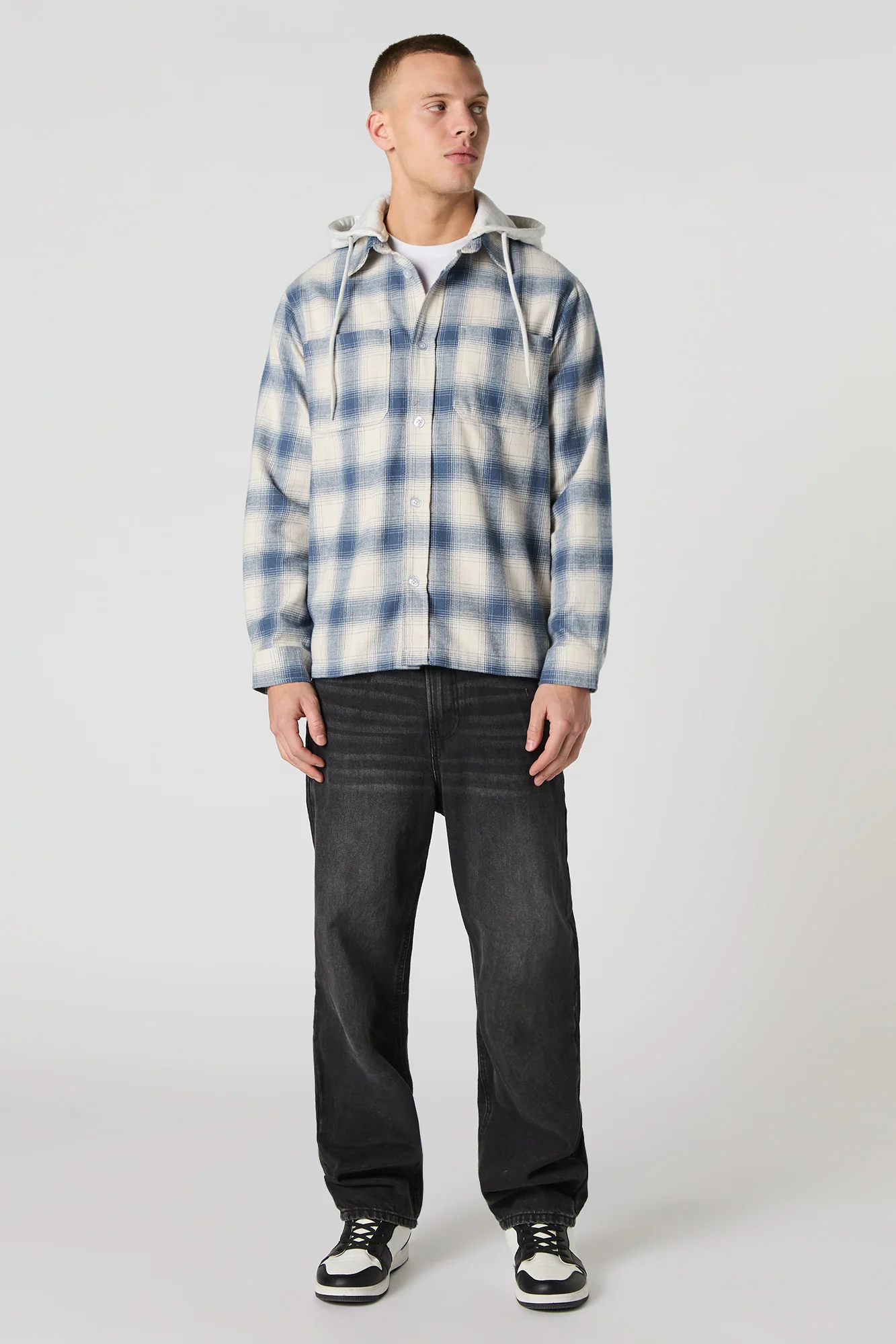 Plaid Flannel Button-Up Top with Hood - Image 12