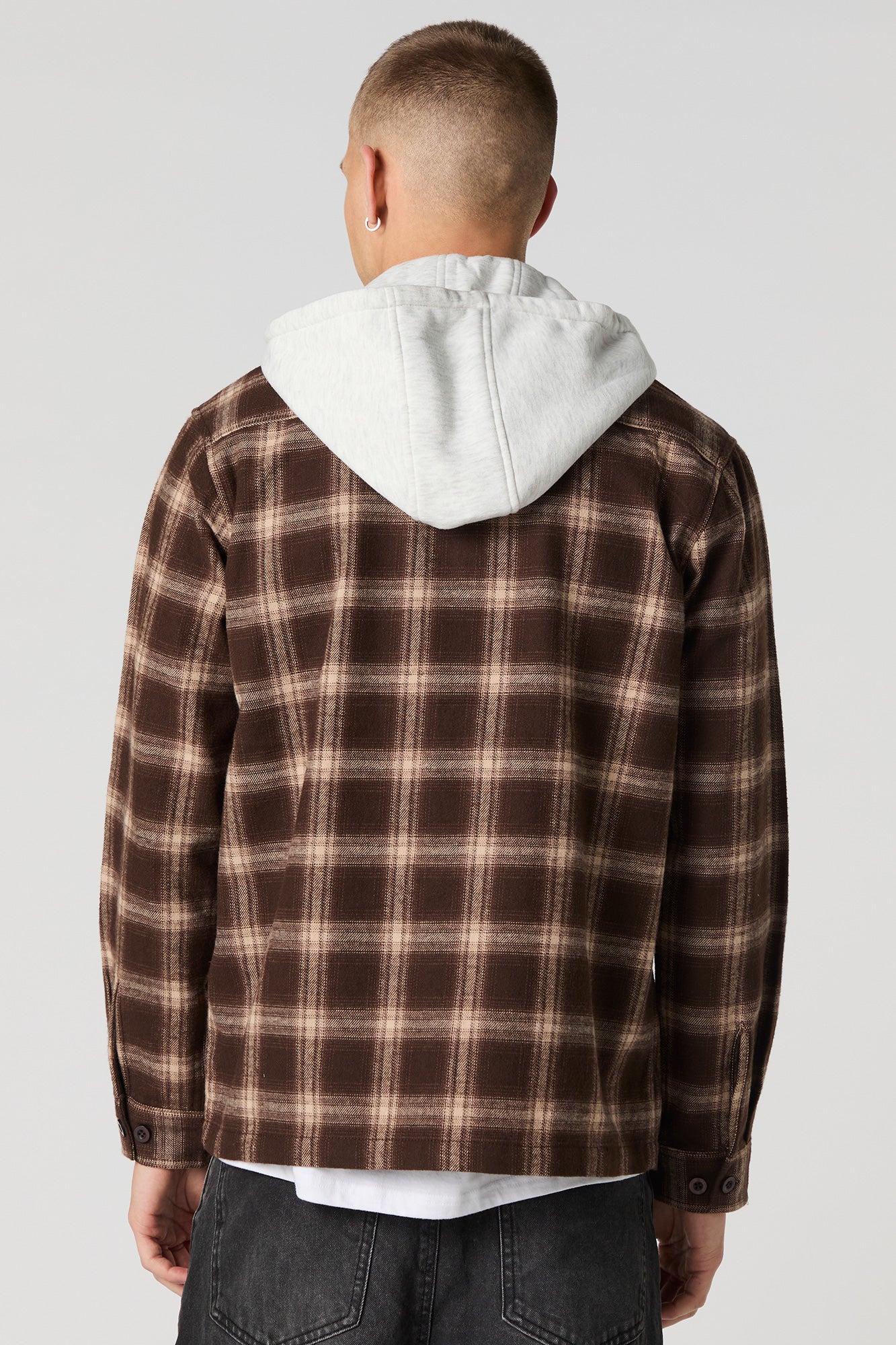 Plaid Flannel Button-Up Top with Hood - Image 2