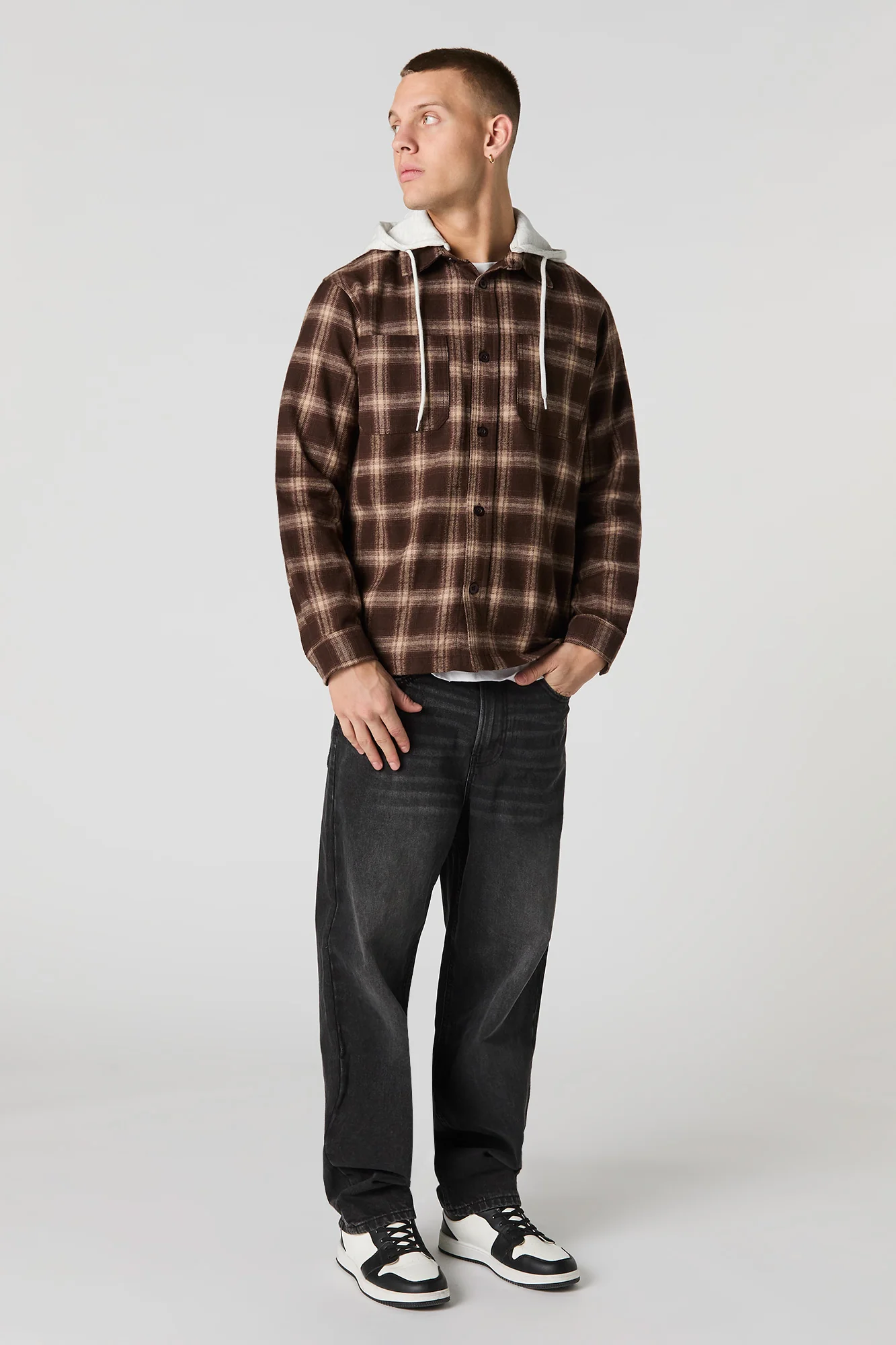 Plaid Flannel Button-Up Top with Hood - Image 3