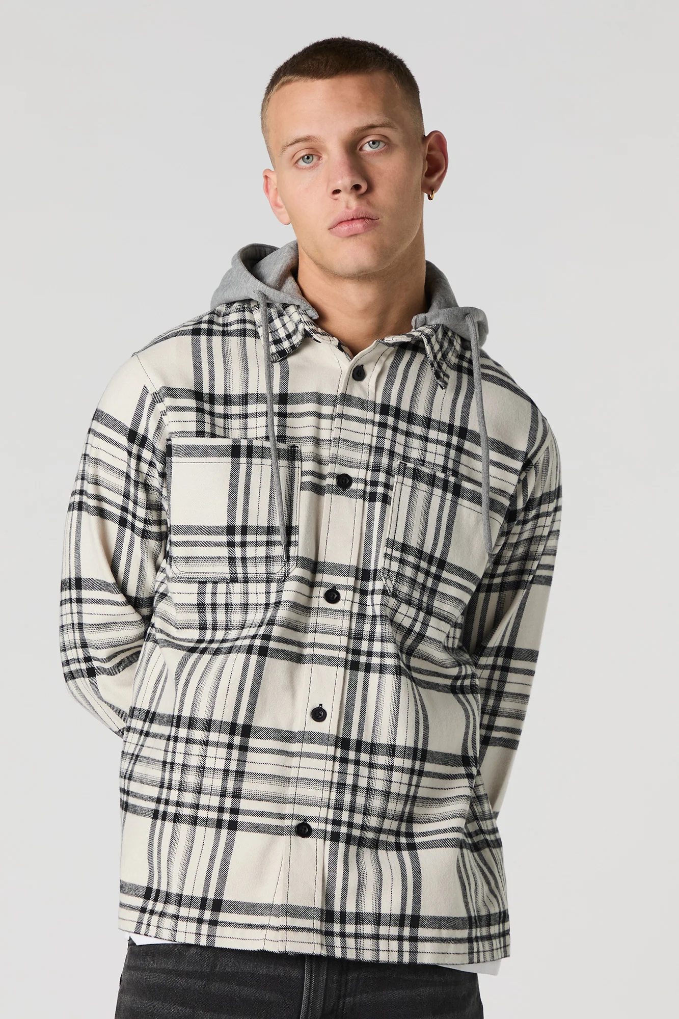 Plaid Flannel Button-Up Top with Hood - Image 4