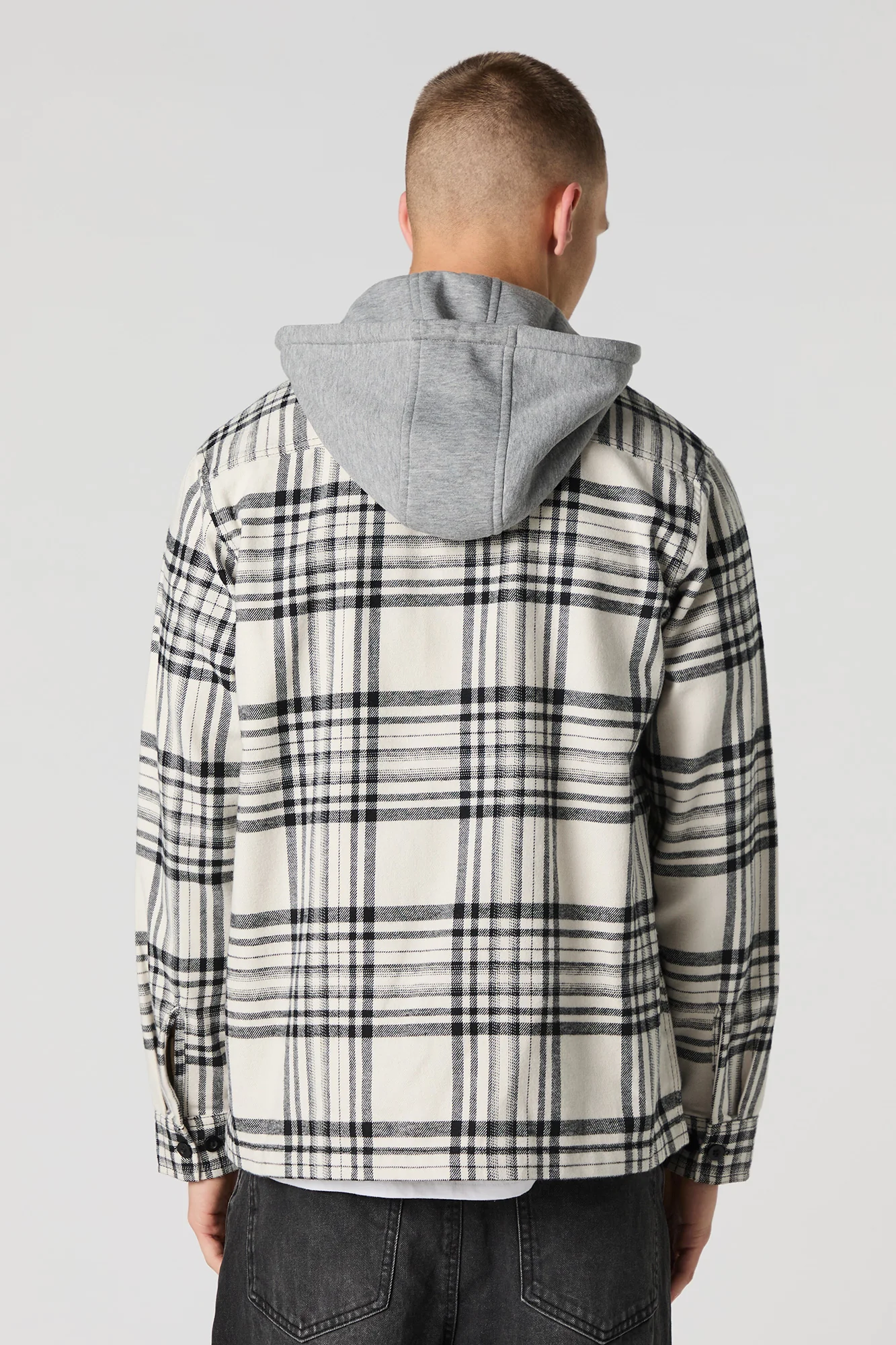 Plaid Flannel Button-Up Top with Hood - Image 5