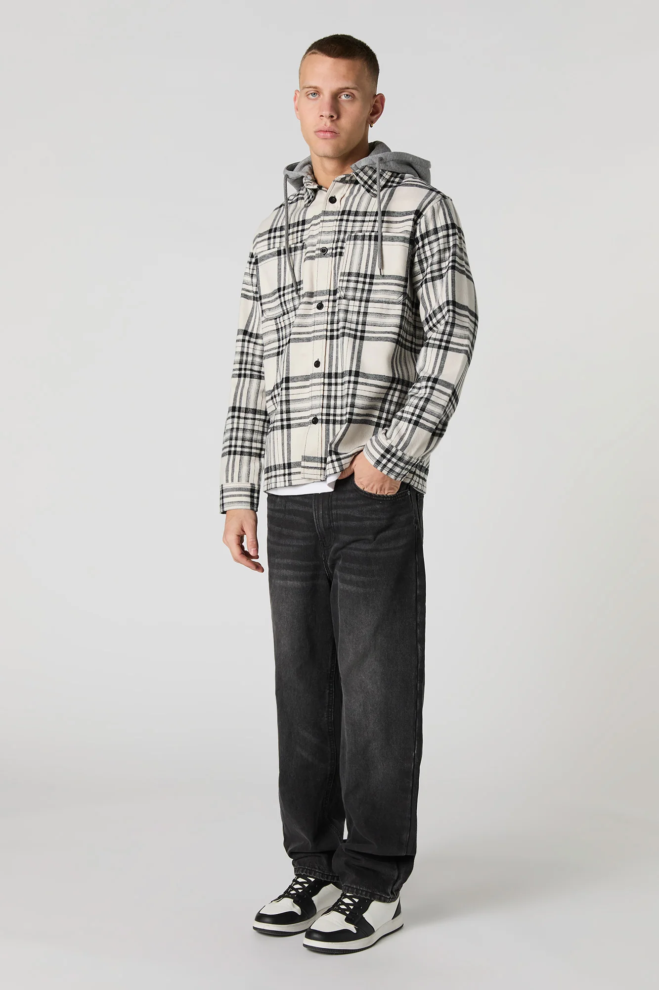 Plaid Flannel Button-Up Top with Hood - Image 6