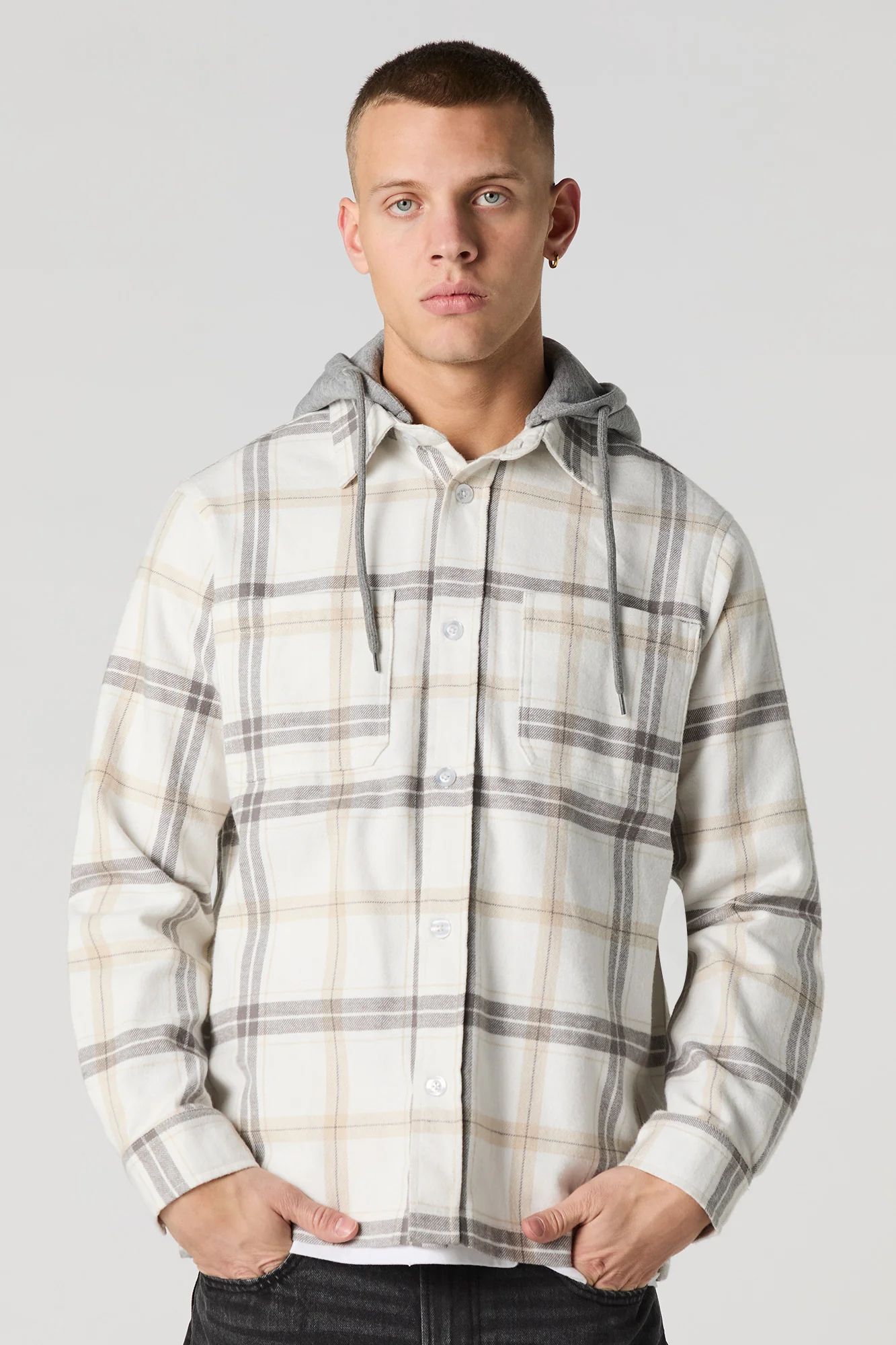 Plaid Flannel Button-Up Top with Hood - Image 7