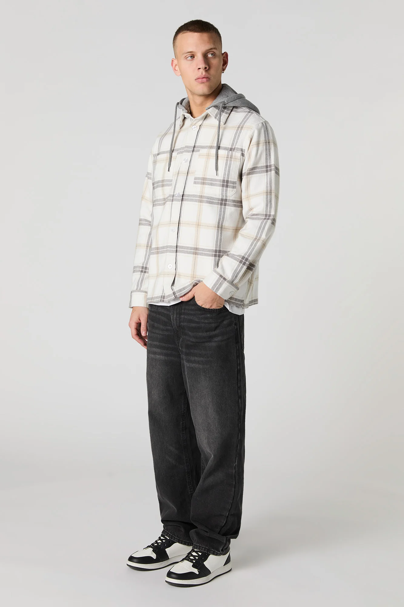 Plaid Flannel Button-Up Top with Hood - Image 9