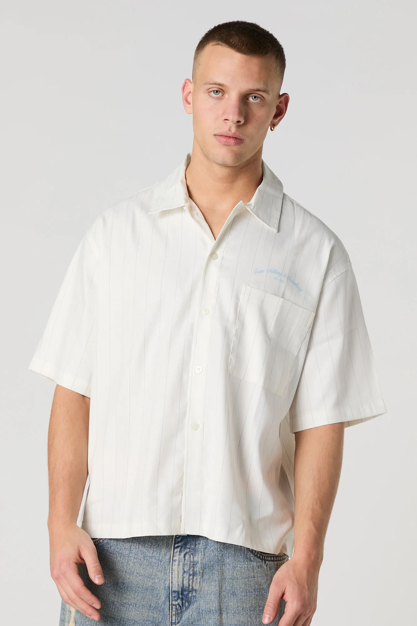 Pinstriped Graphic Boxy Button-Up Top - Image 6
