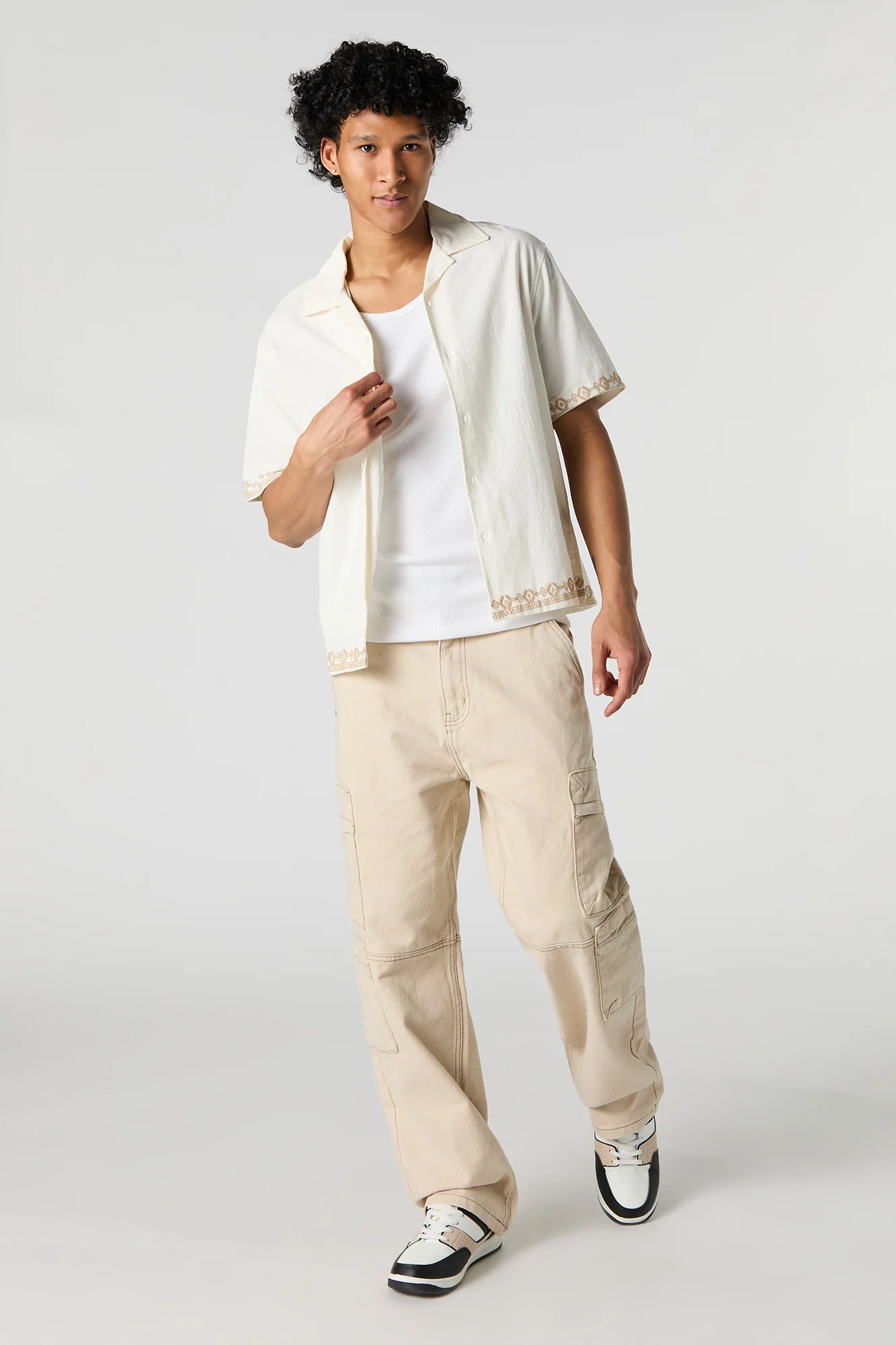 Embroidered Trim Textured Button-Up Top - Image 3