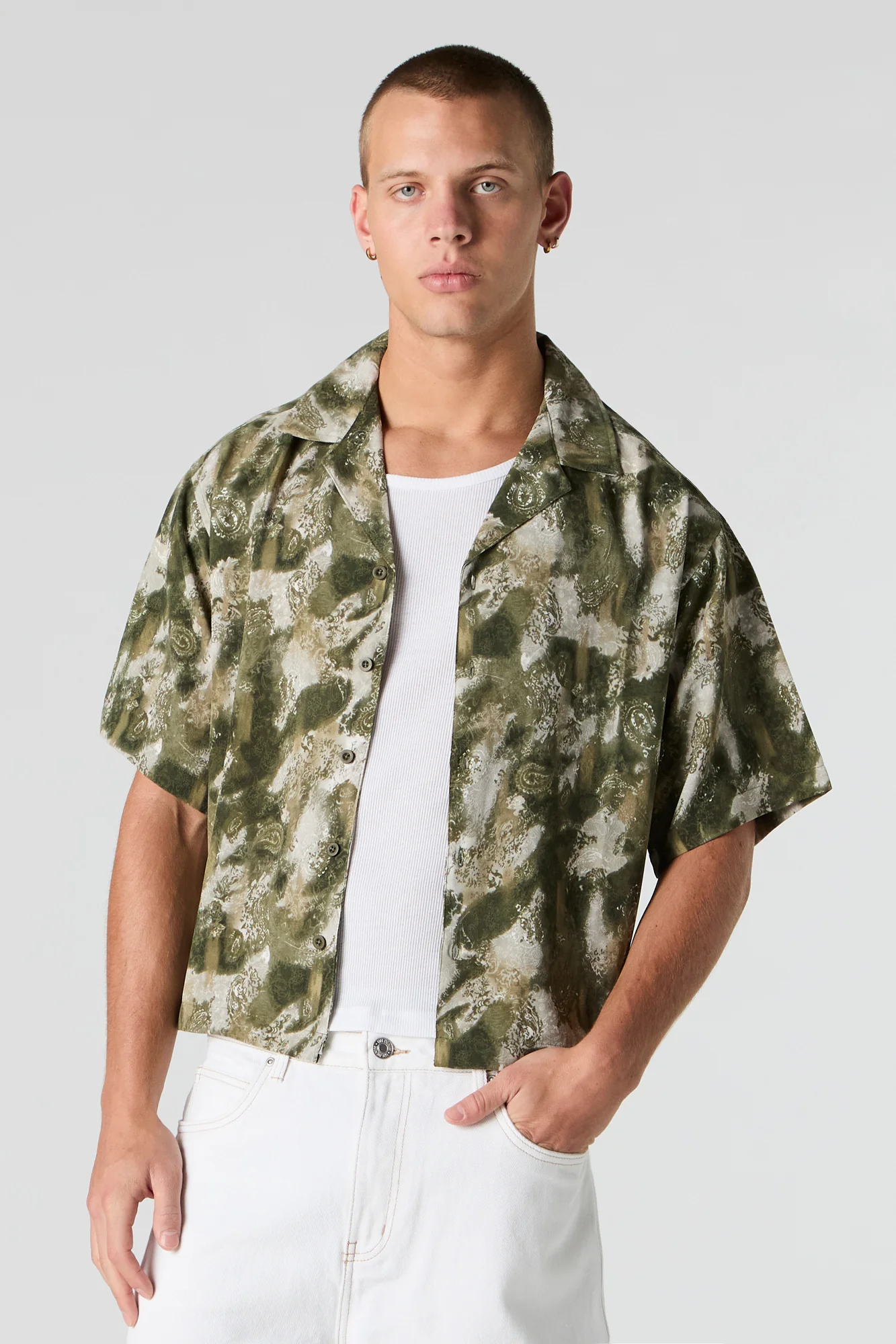 Printed Boxy Short Sleeve Button-Up Top